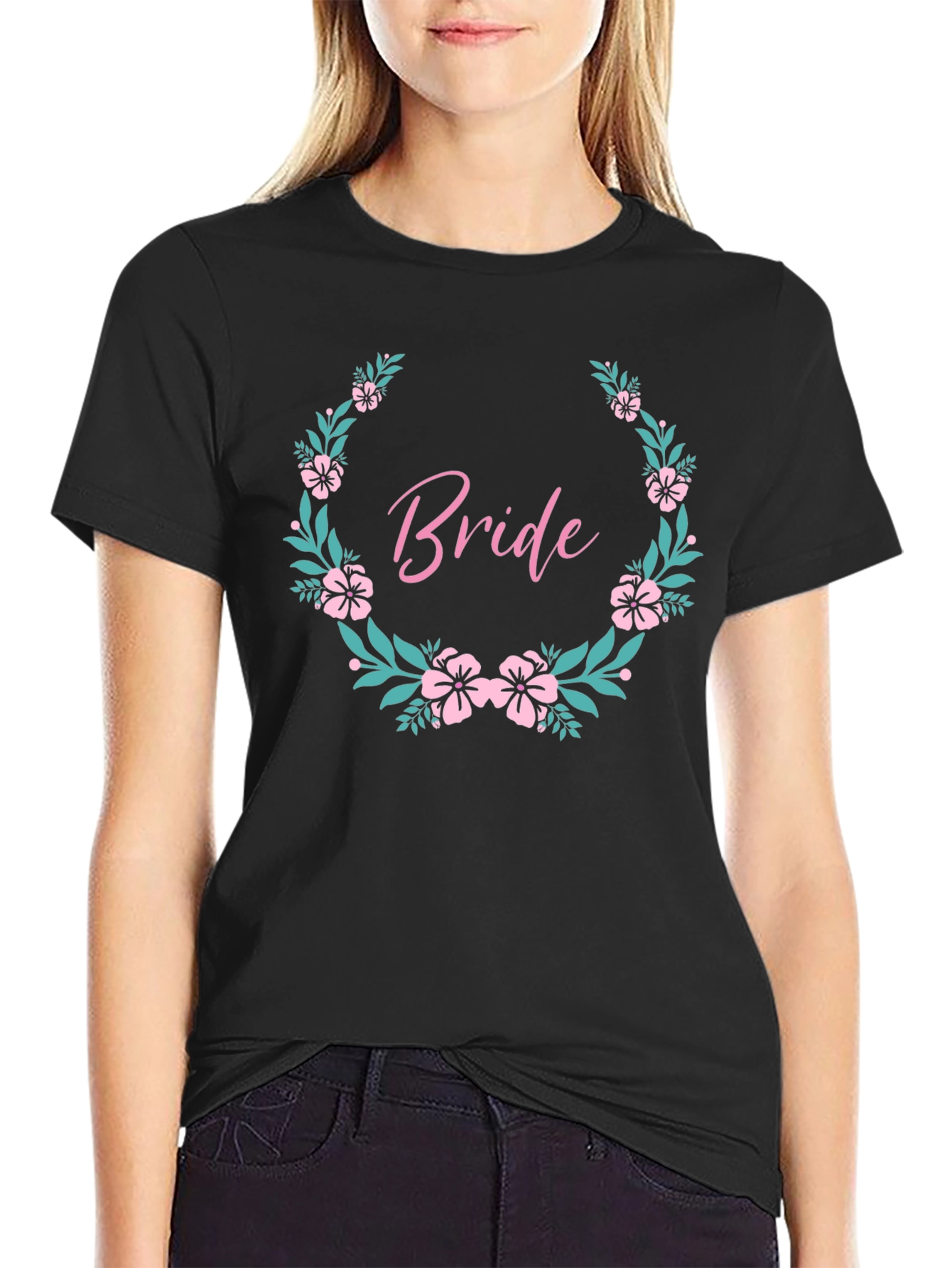 Bride Floral Wreath Black T-Shirt - Wedding Party Tee