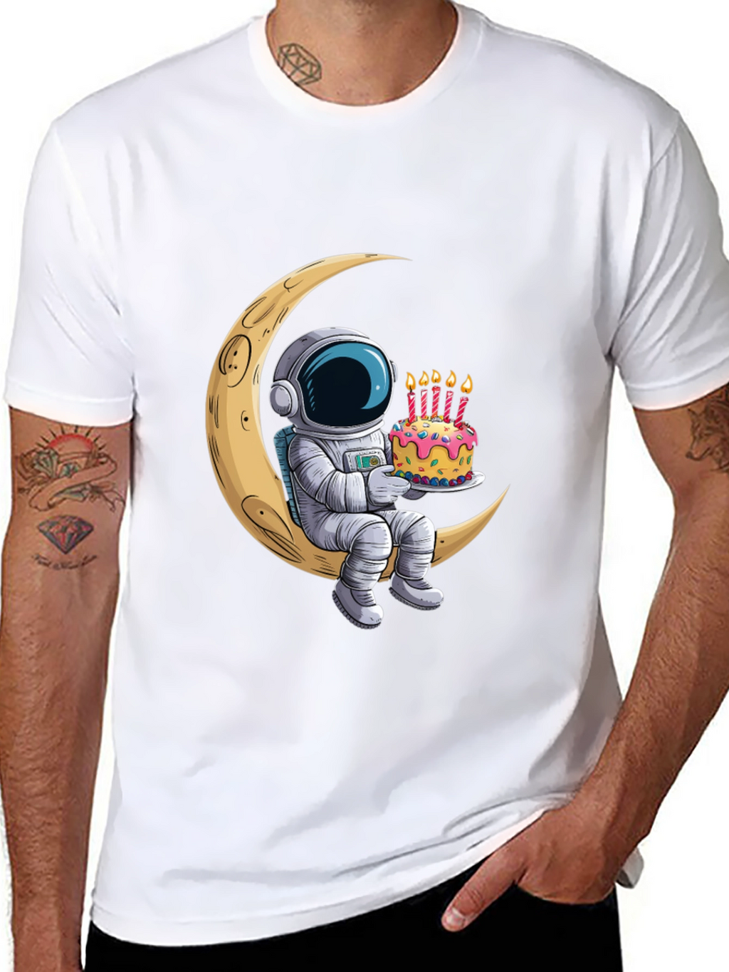 Astronaut on Moon Birthday Cake Graphic Tee