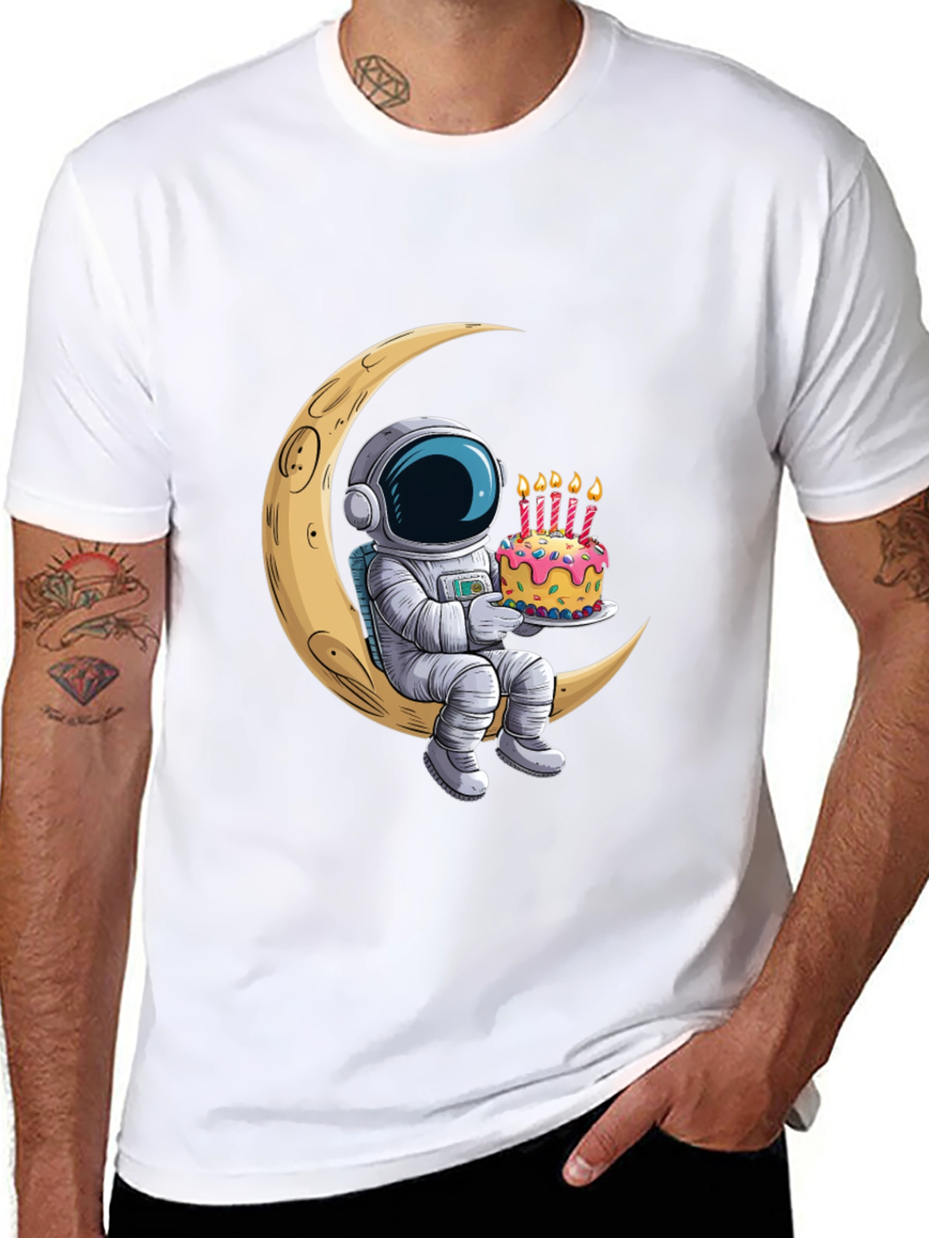 Astronaut on Moon Birthday Cake Graphic Tee