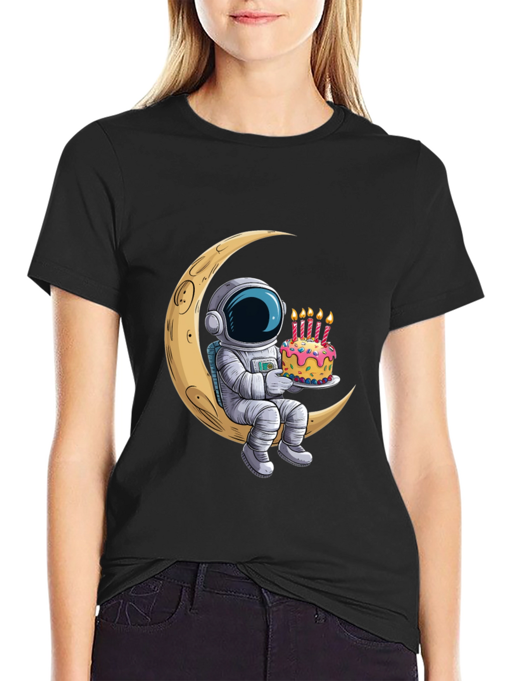 Astronaut on Moon Birthday Cake Graphic Tee