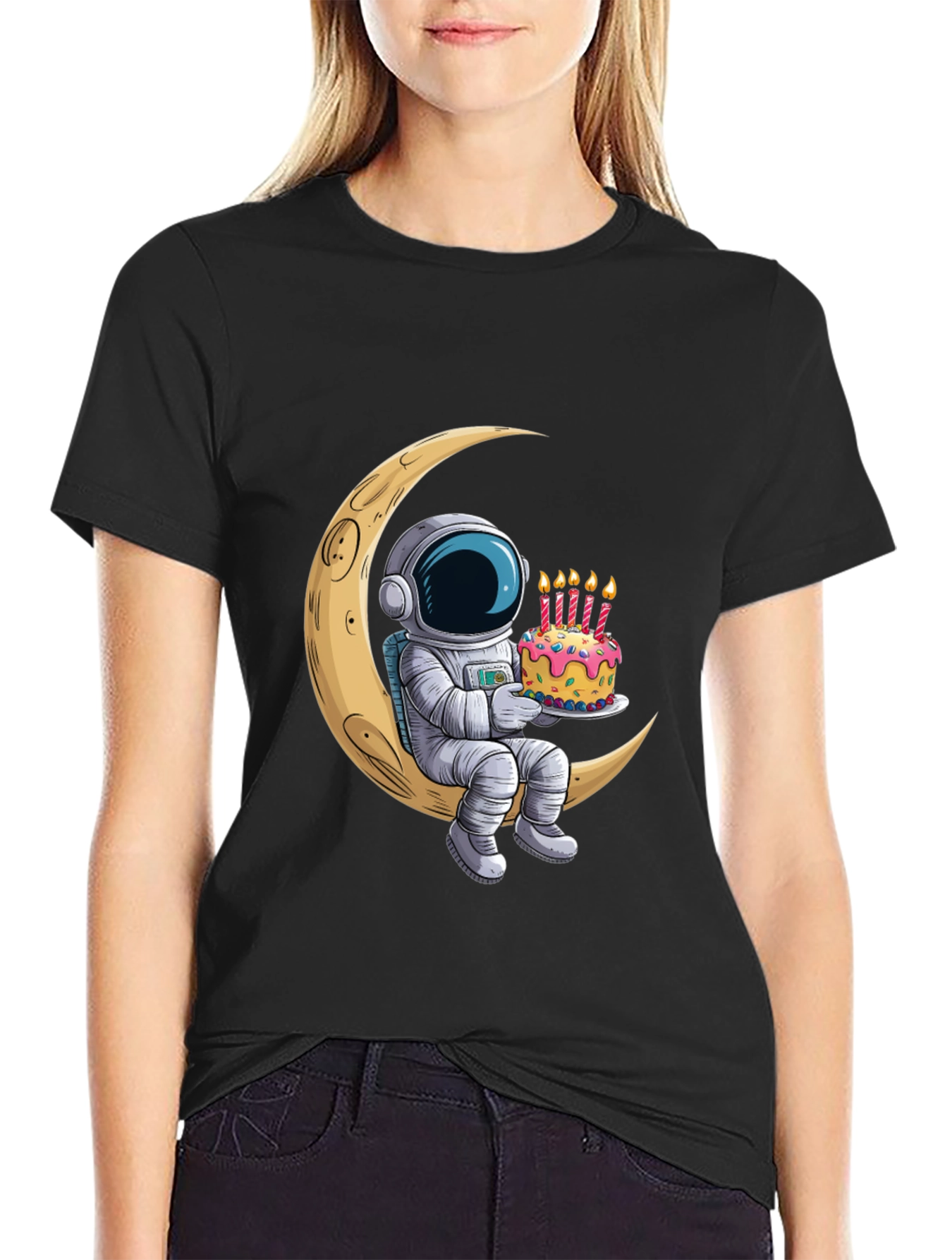 Astronaut on Moon Birthday Cake Graphic Tee
