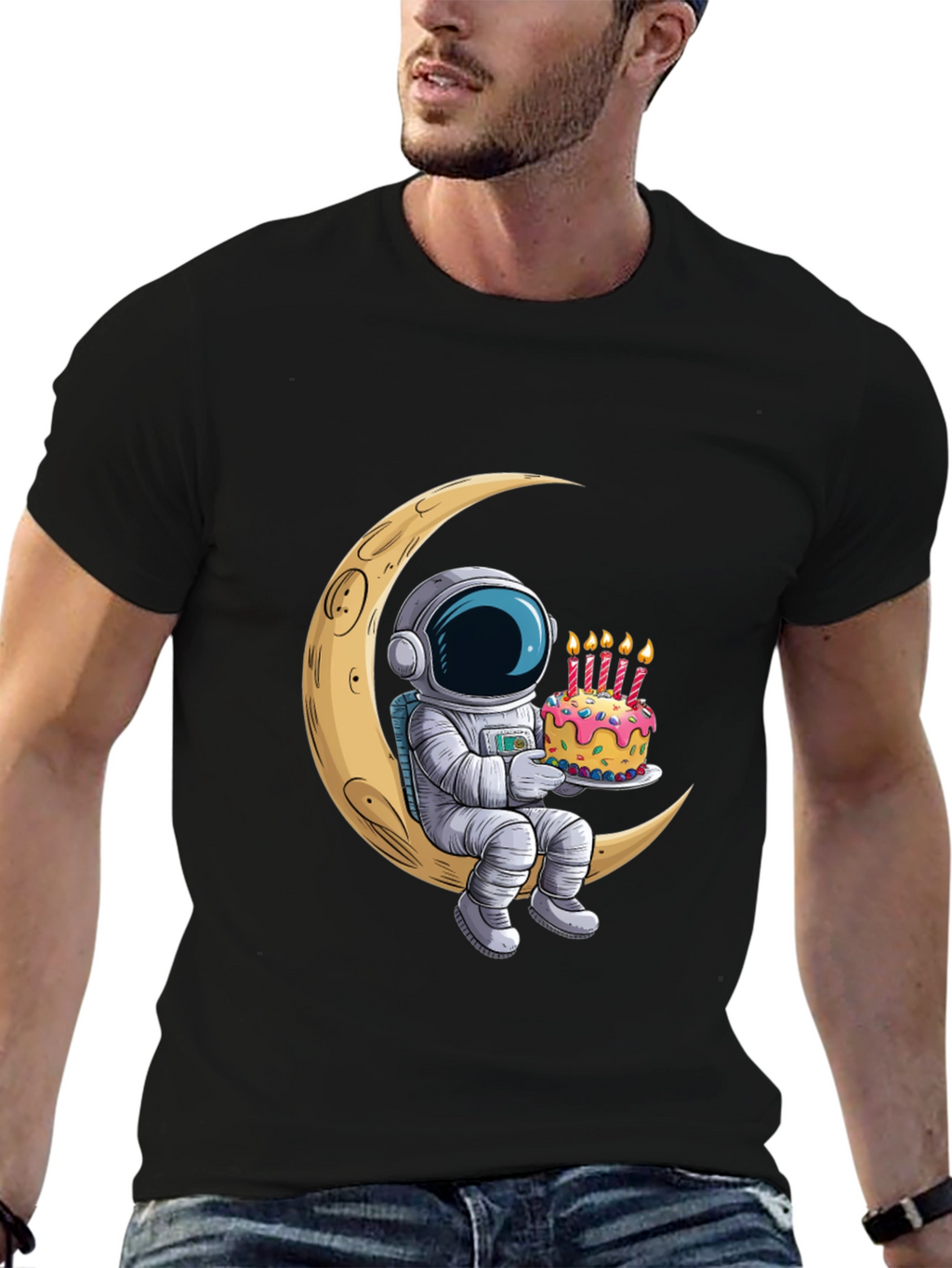 Astronaut on Moon Birthday Cake Graphic Tee