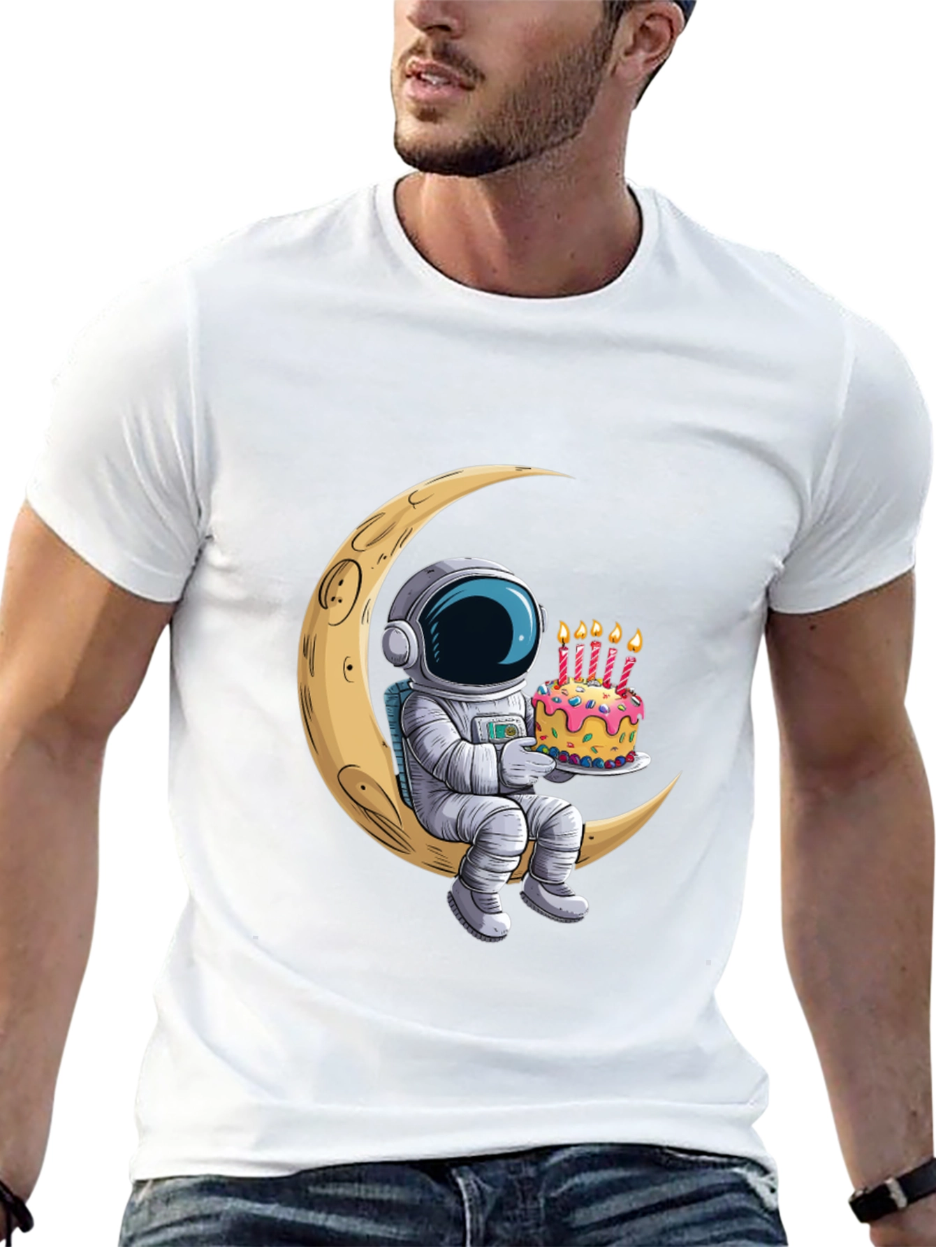 Astronaut on Moon Birthday Cake Graphic Tee