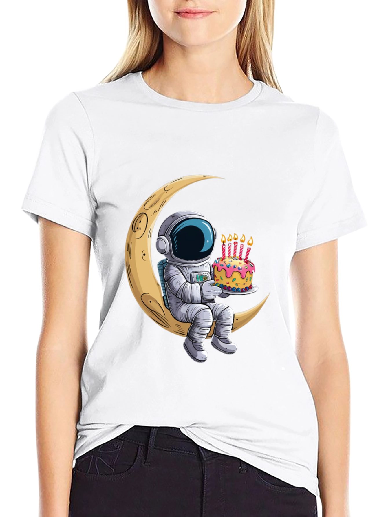 Astronaut on Moon Birthday Cake Graphic Tee