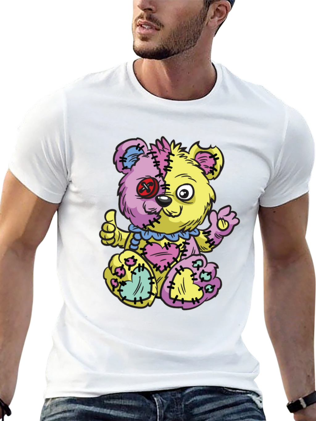 Crazy Patchwork Teddy Bear Graphic T-Shirt