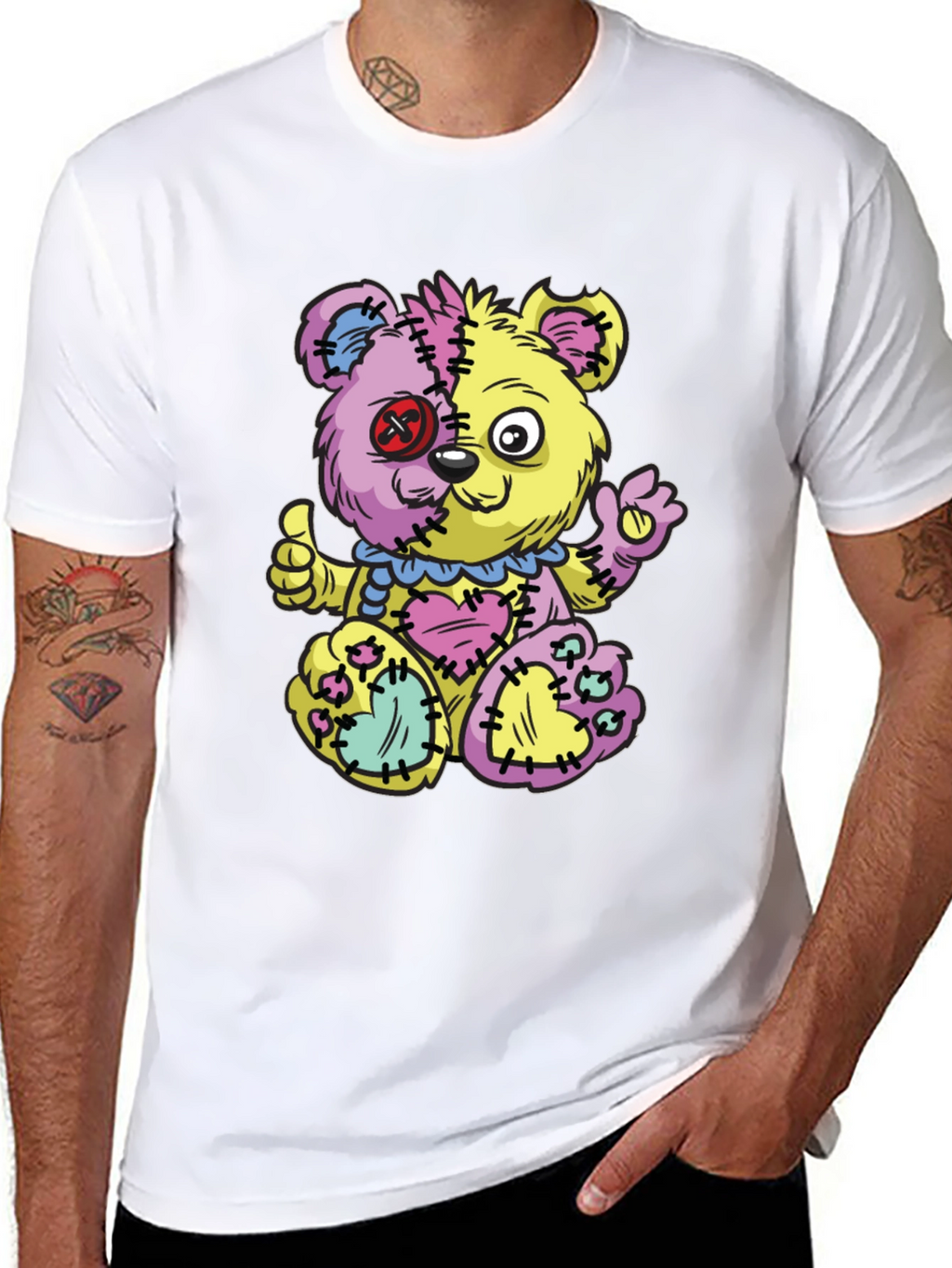 Crazy Patchwork Teddy Bear Graphic T-Shirt