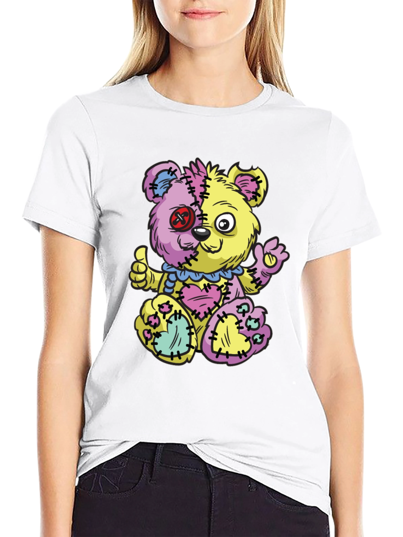 Crazy Patchwork Teddy Bear Graphic T-Shirt