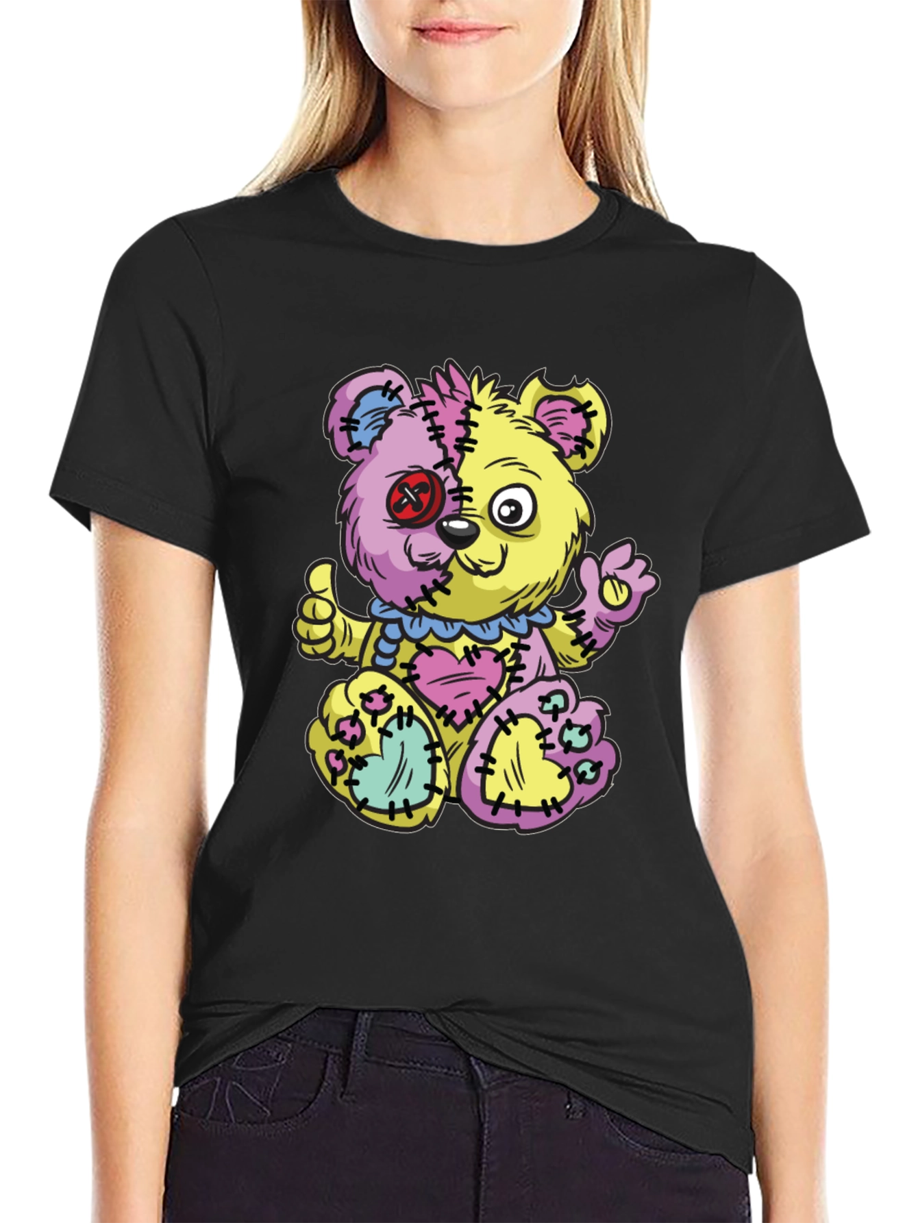 Crazy Patchwork Teddy Bear Graphic T-Shirt