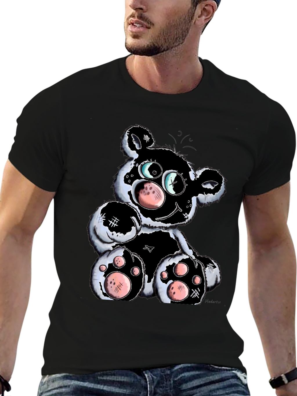 Cartoon Bear Graphic T-Shirt - Black