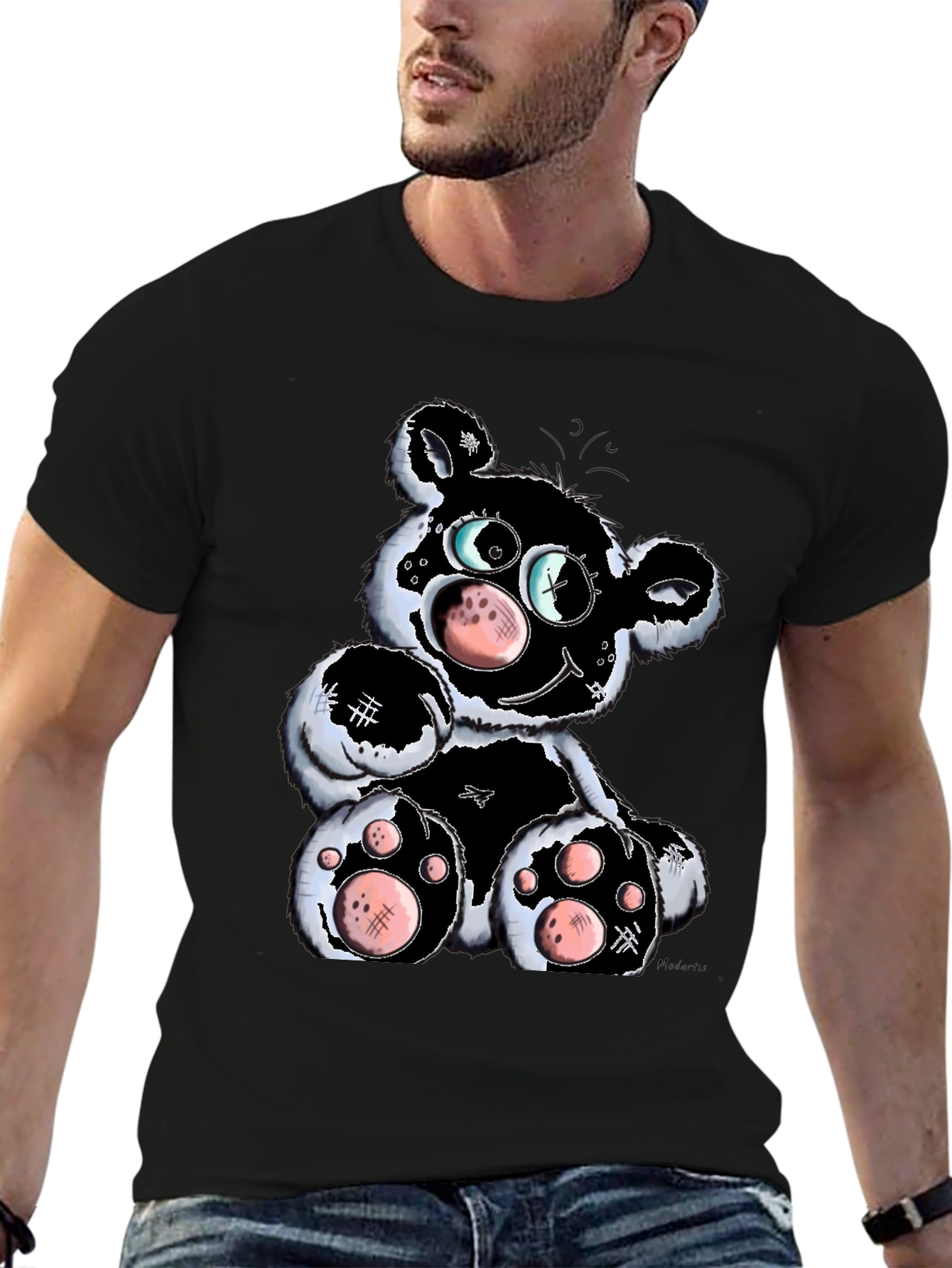 Cartoon Bear Graphic T-Shirt - Black