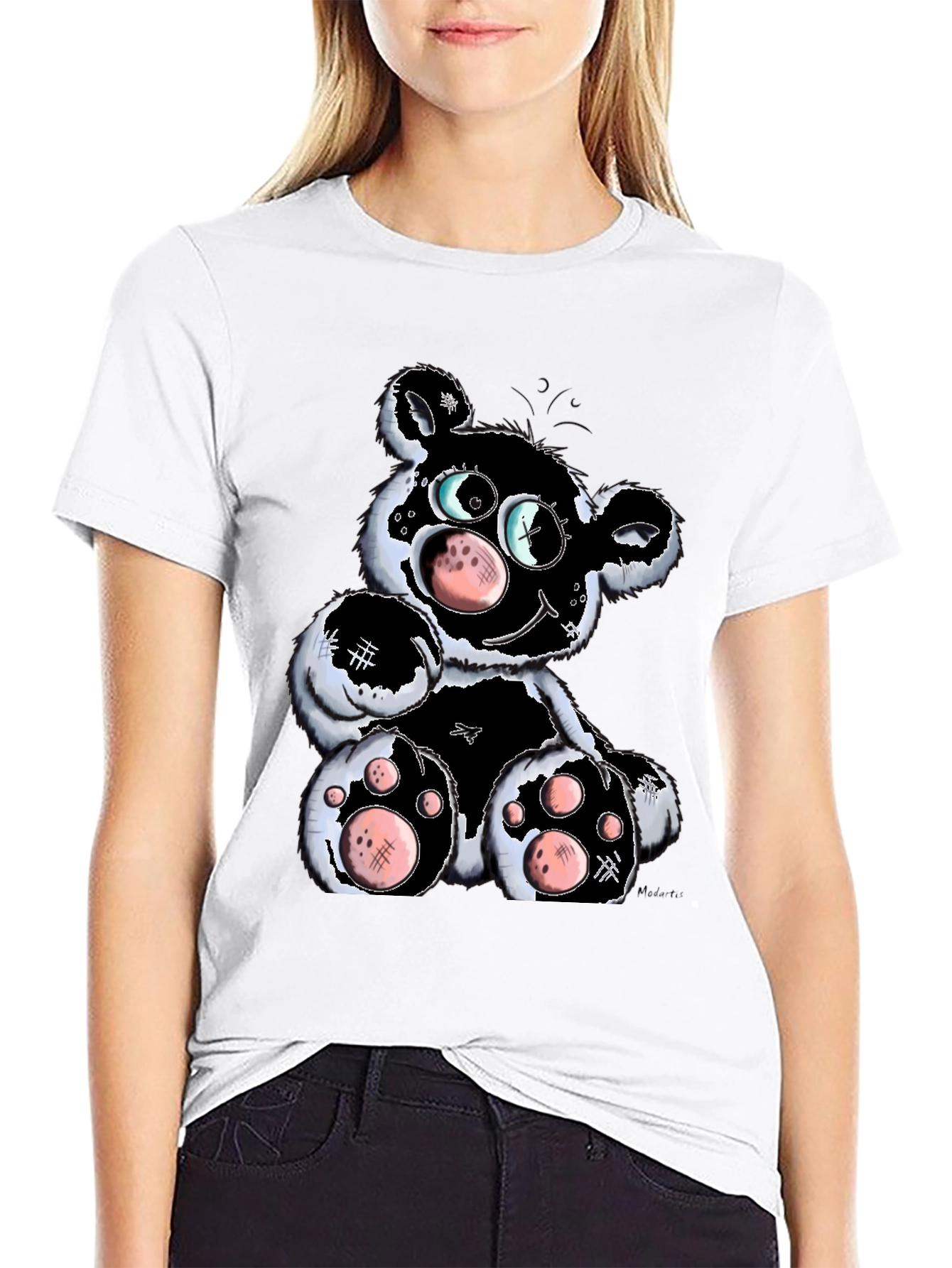 Cartoon Bear Graphic T-Shirt - Black