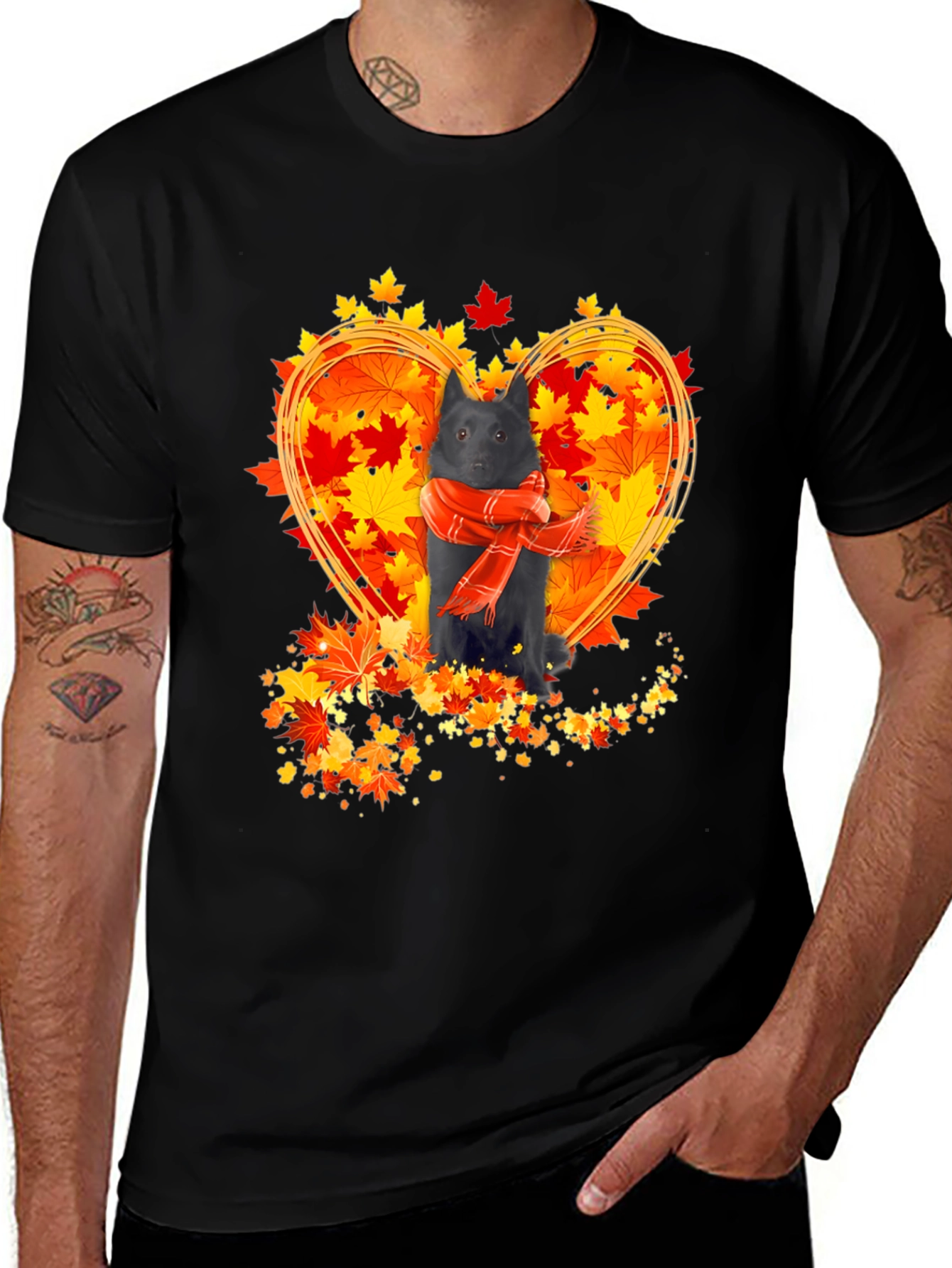 Dog & Autumn Leaves T-Shirt - Heart Design