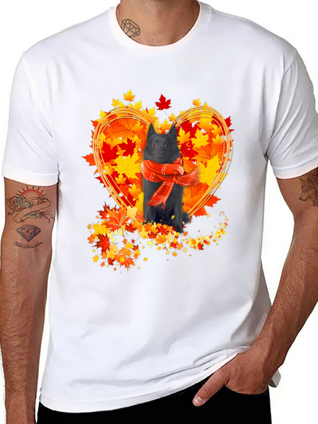 Dog & Autumn Leaves T-Shirt - Heart Design