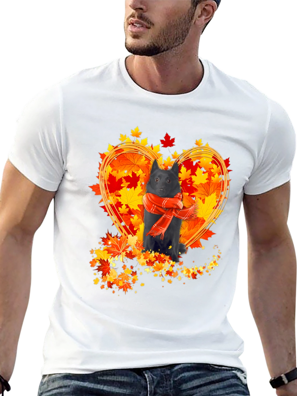 Dog & Autumn Leaves T-Shirt - Heart Design