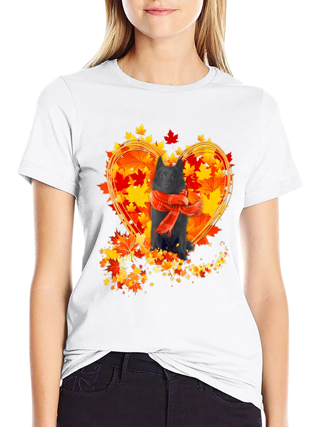 Dog & Autumn Leaves T-Shirt - Heart Design