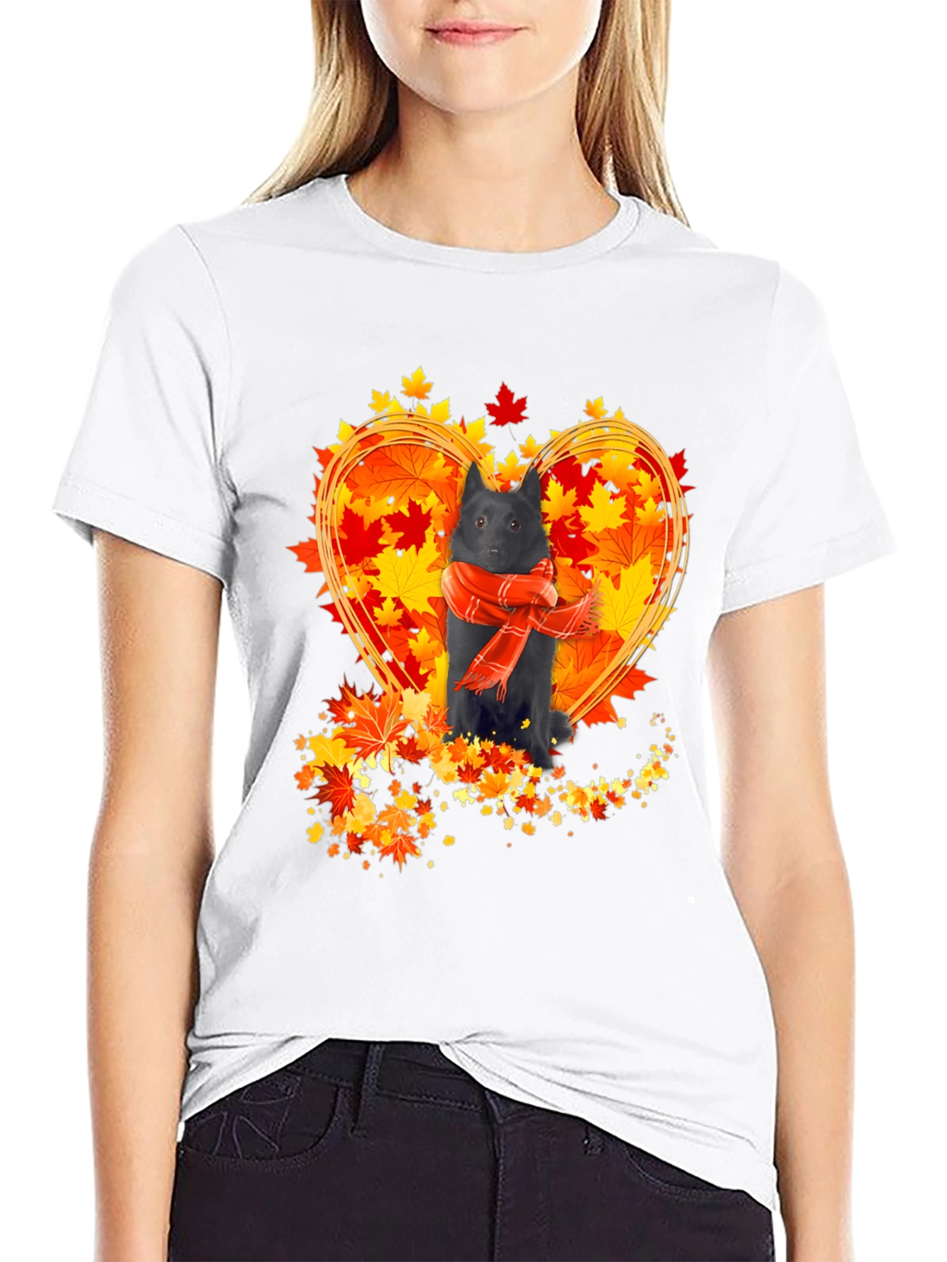 Dog & Autumn Leaves T-Shirt - Heart Design