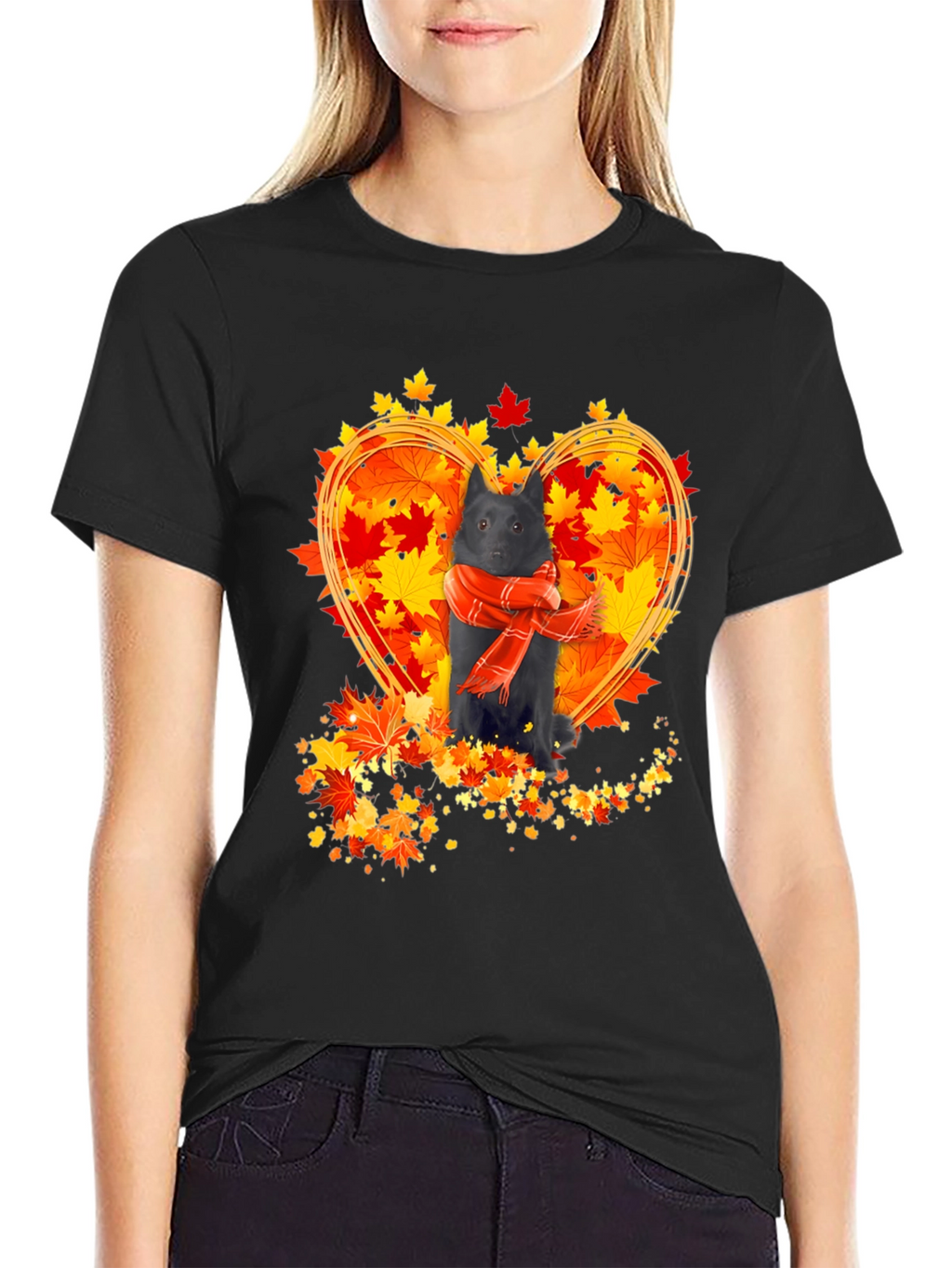 Dog & Autumn Leaves T-Shirt - Heart Design