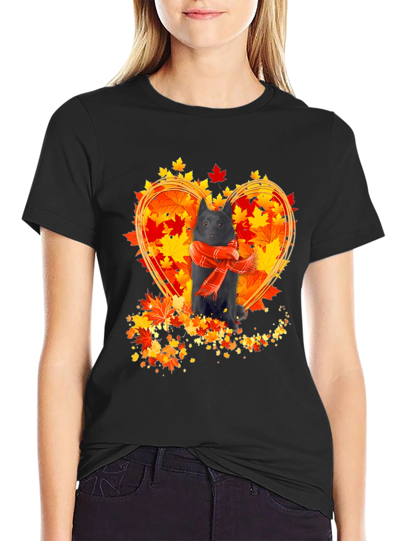 Dog & Autumn Leaves T-Shirt - Heart Design