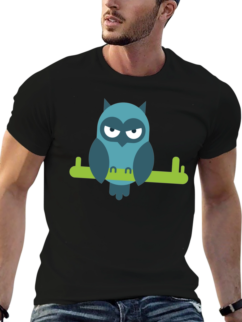 Cool Owl on Branch Graphic Tee - Black