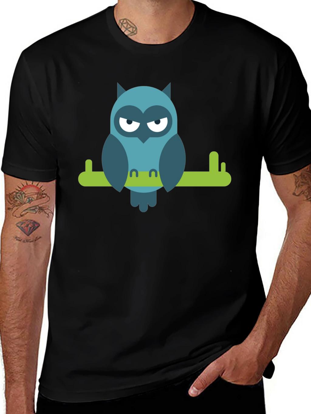 Cool Owl on Branch Graphic Tee - Black