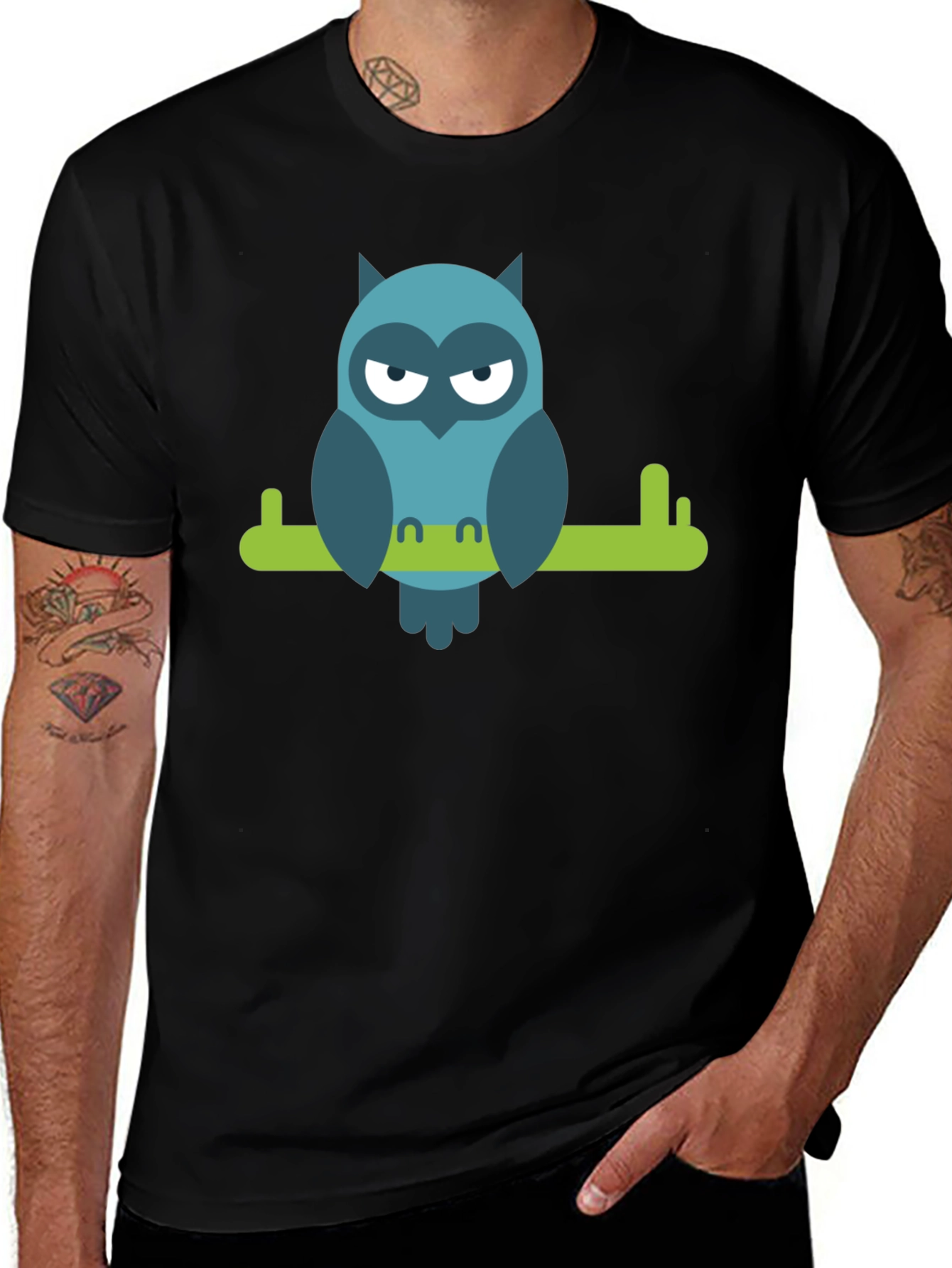 Cool Owl on Branch Graphic Tee - Black