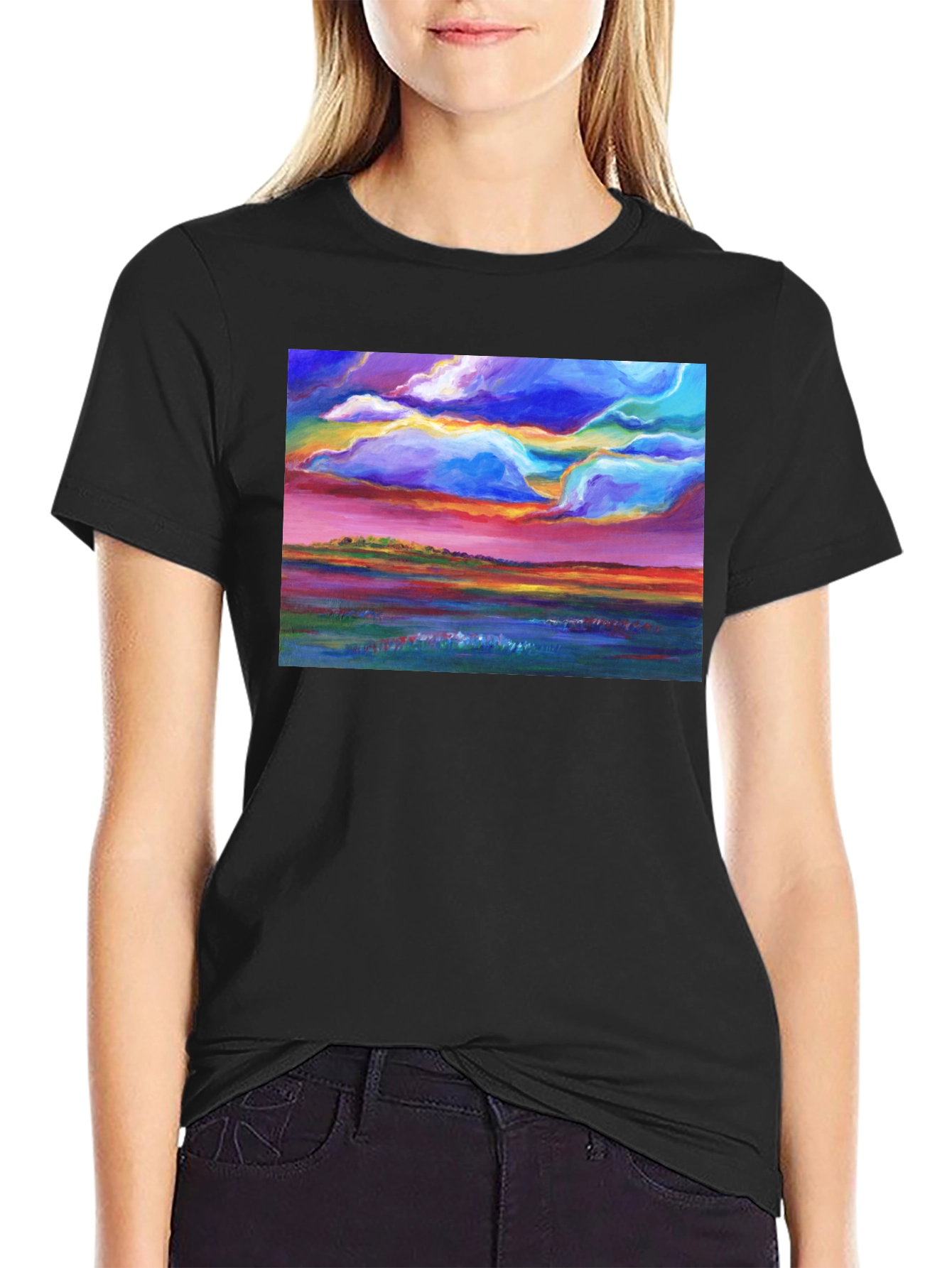 Colorful Landscape Art T-Shirt - Vivid Sunset Design