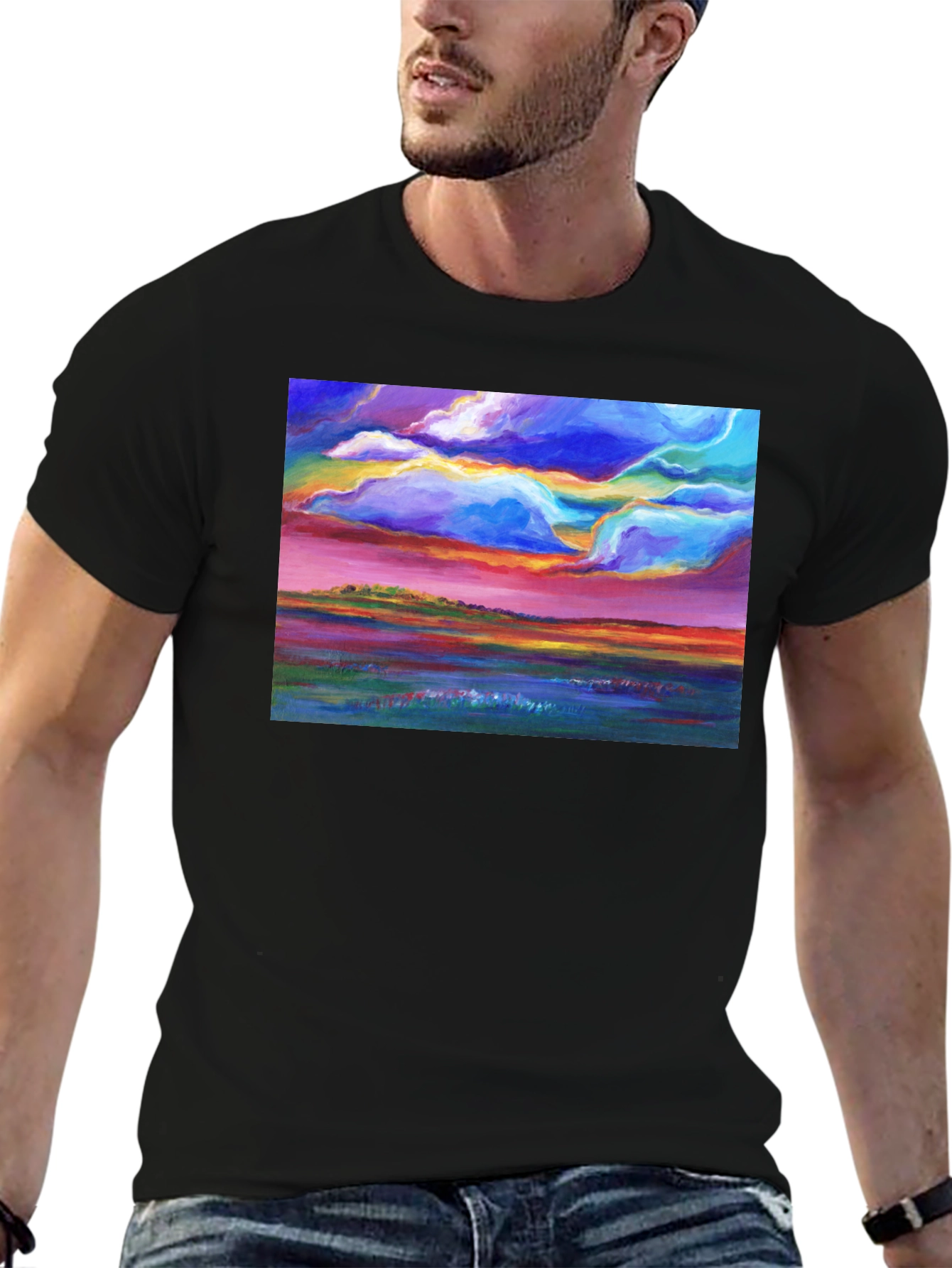 Colorful Landscape Art T-Shirt - Vivid Sunset Design