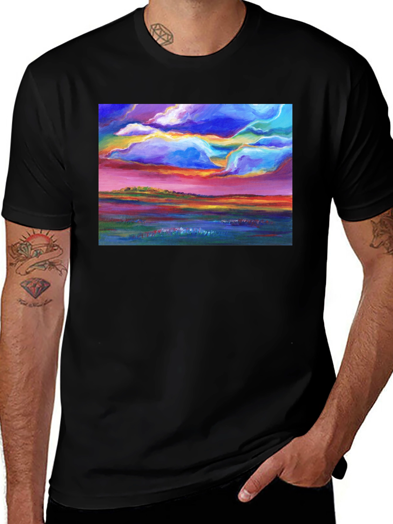 Colorful Landscape Art T-Shirt - Vivid Sunset Design