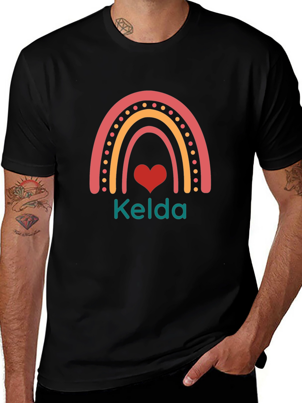 Personalized Rainbow Heart Kelda Black T-Shirt