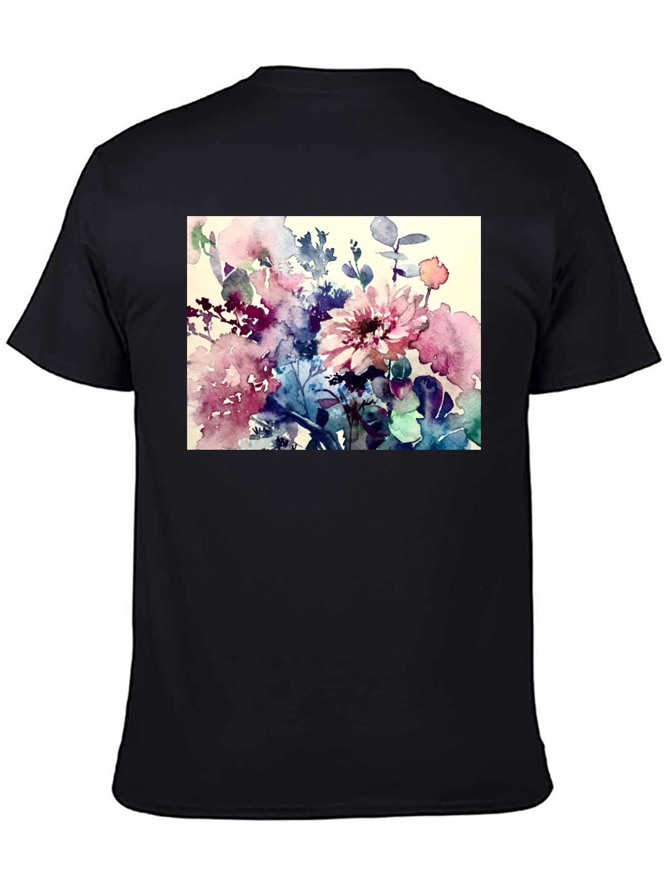 Floral Watercolor T-Shirt - Artistic Black Tee