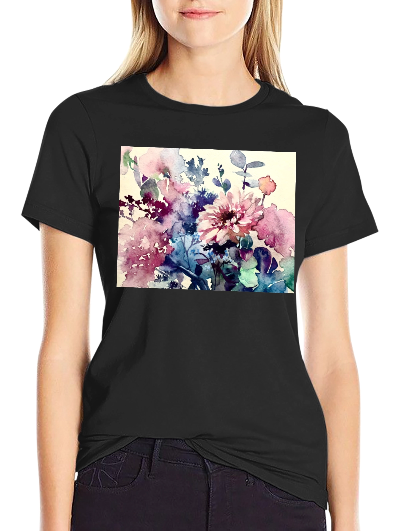 Floral Watercolor T-Shirt - Artistic Black Tee