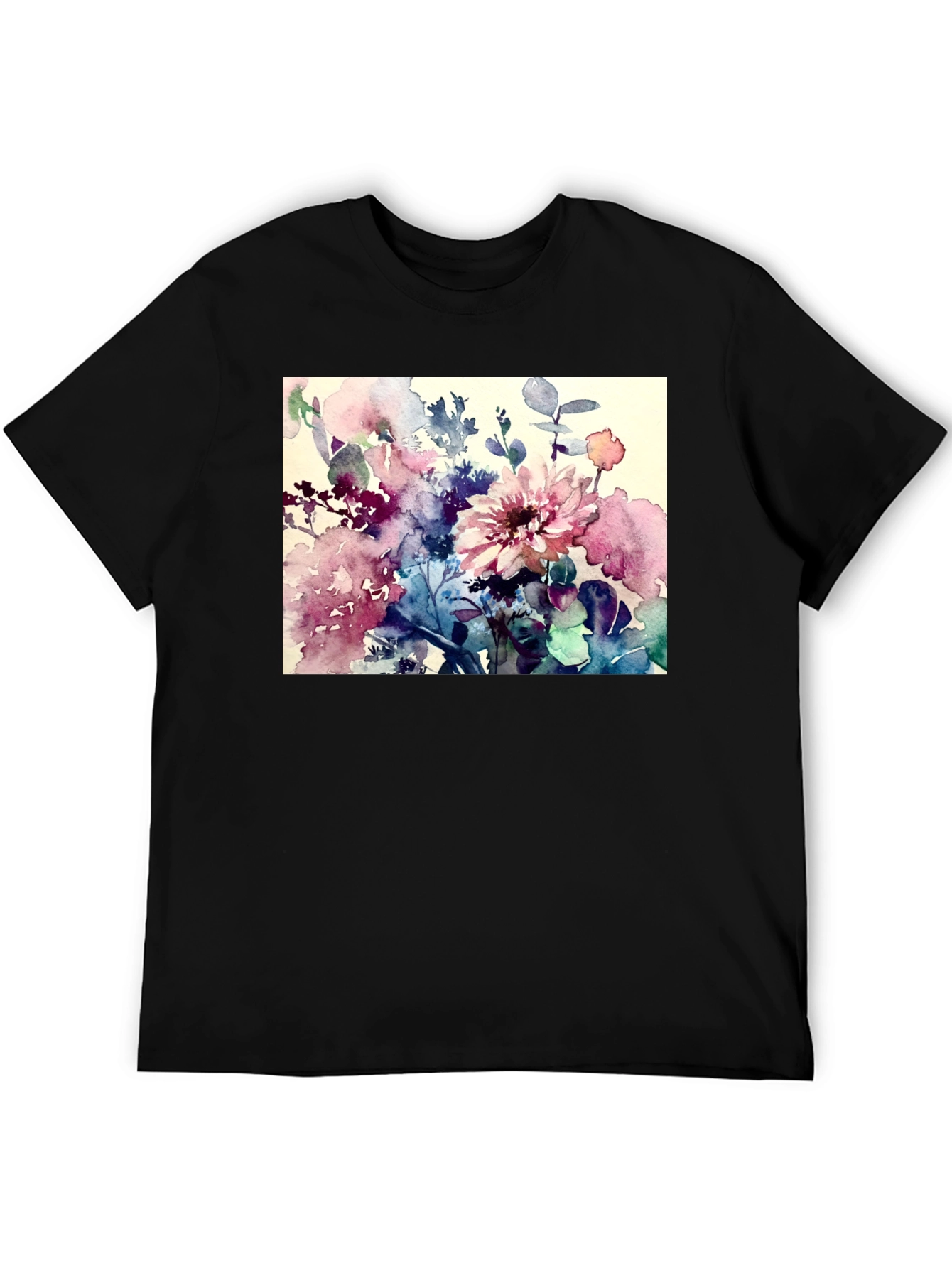 Floral Watercolor T-Shirt - Artistic Black Tee