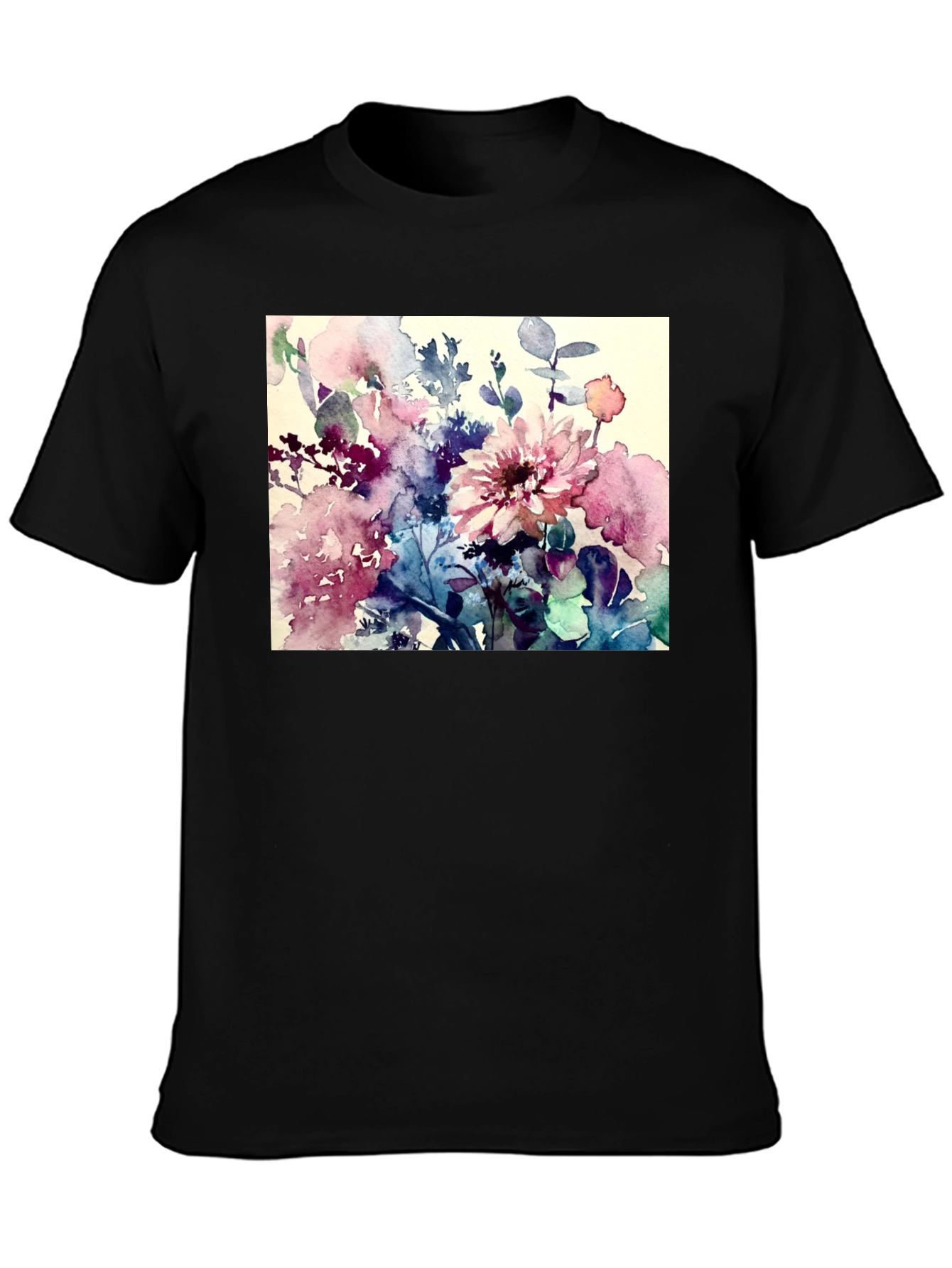 Floral Watercolor T-Shirt - Artistic Black Tee