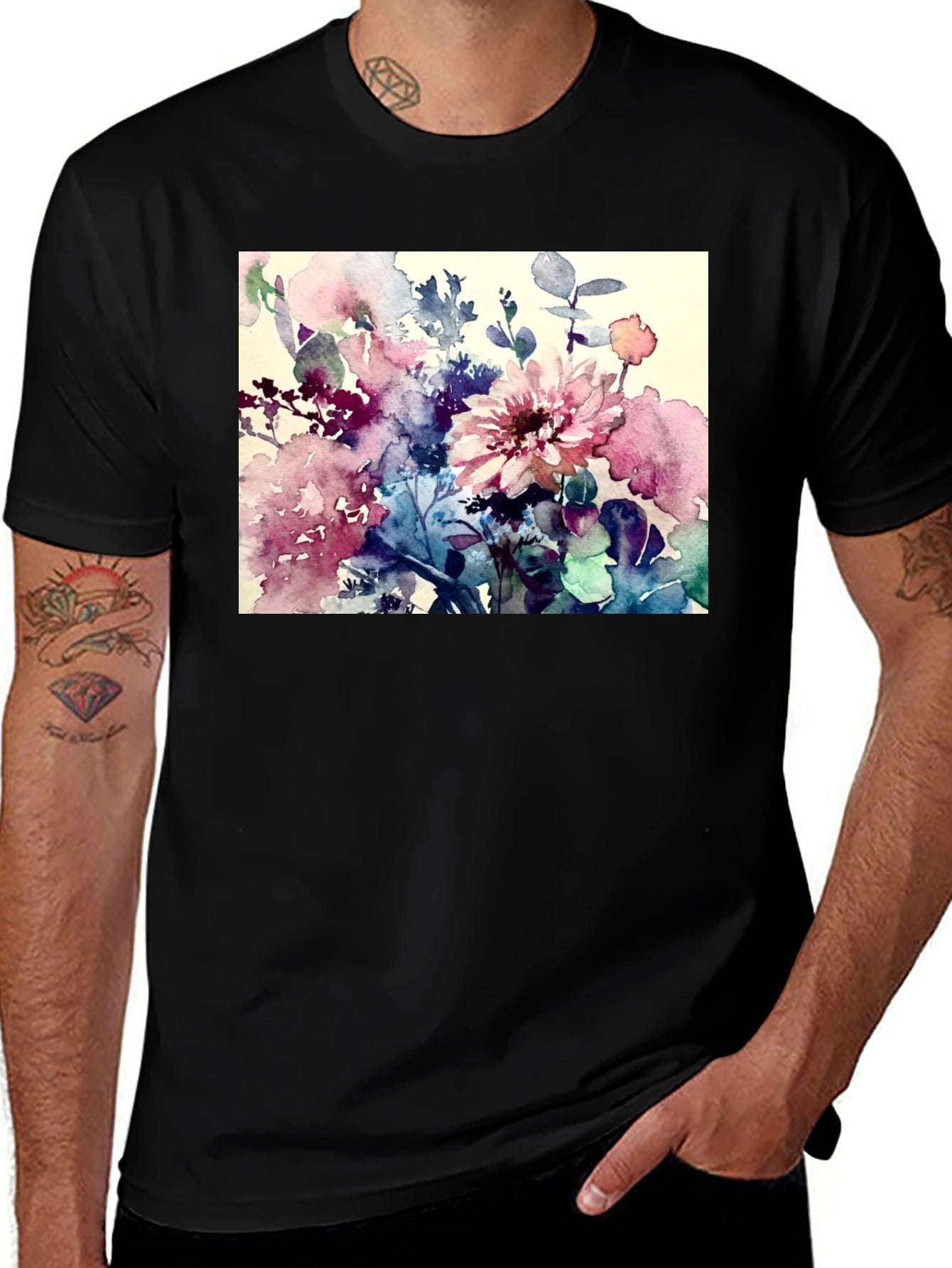 Floral Watercolor T-Shirt - Artistic Black Tee