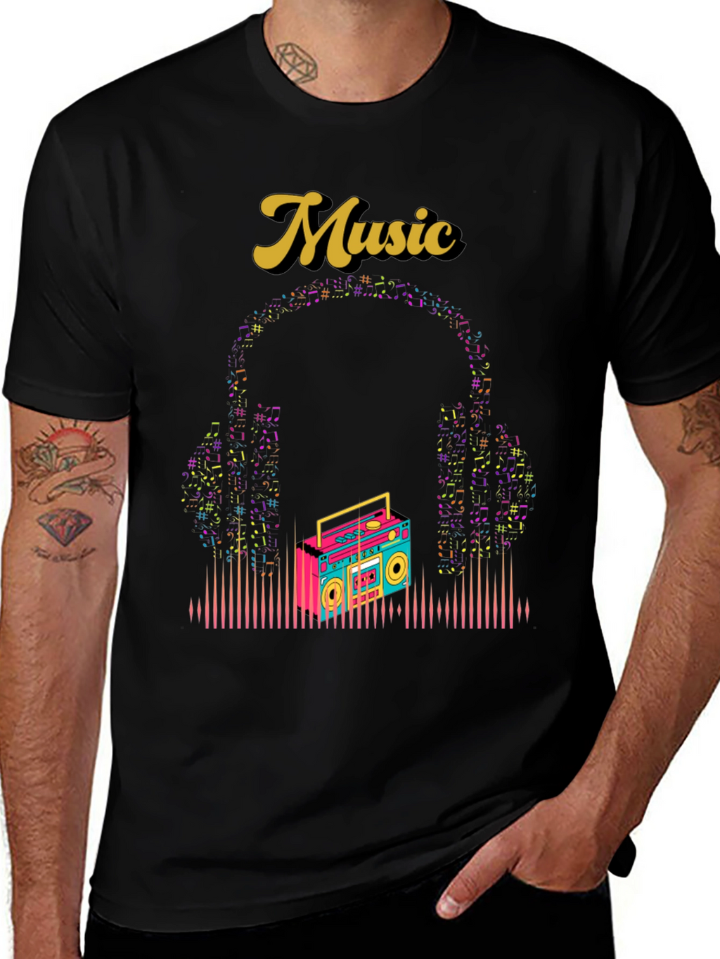 Retro Music Graphic Tee - Boombox and Headphones