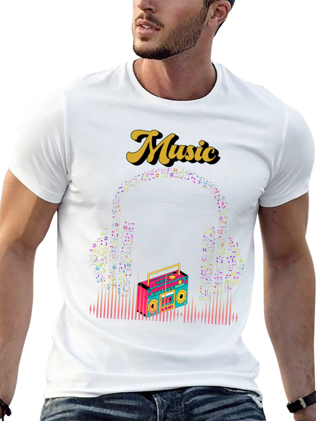 Retro Music Graphic Tee - Boombox and Headphones