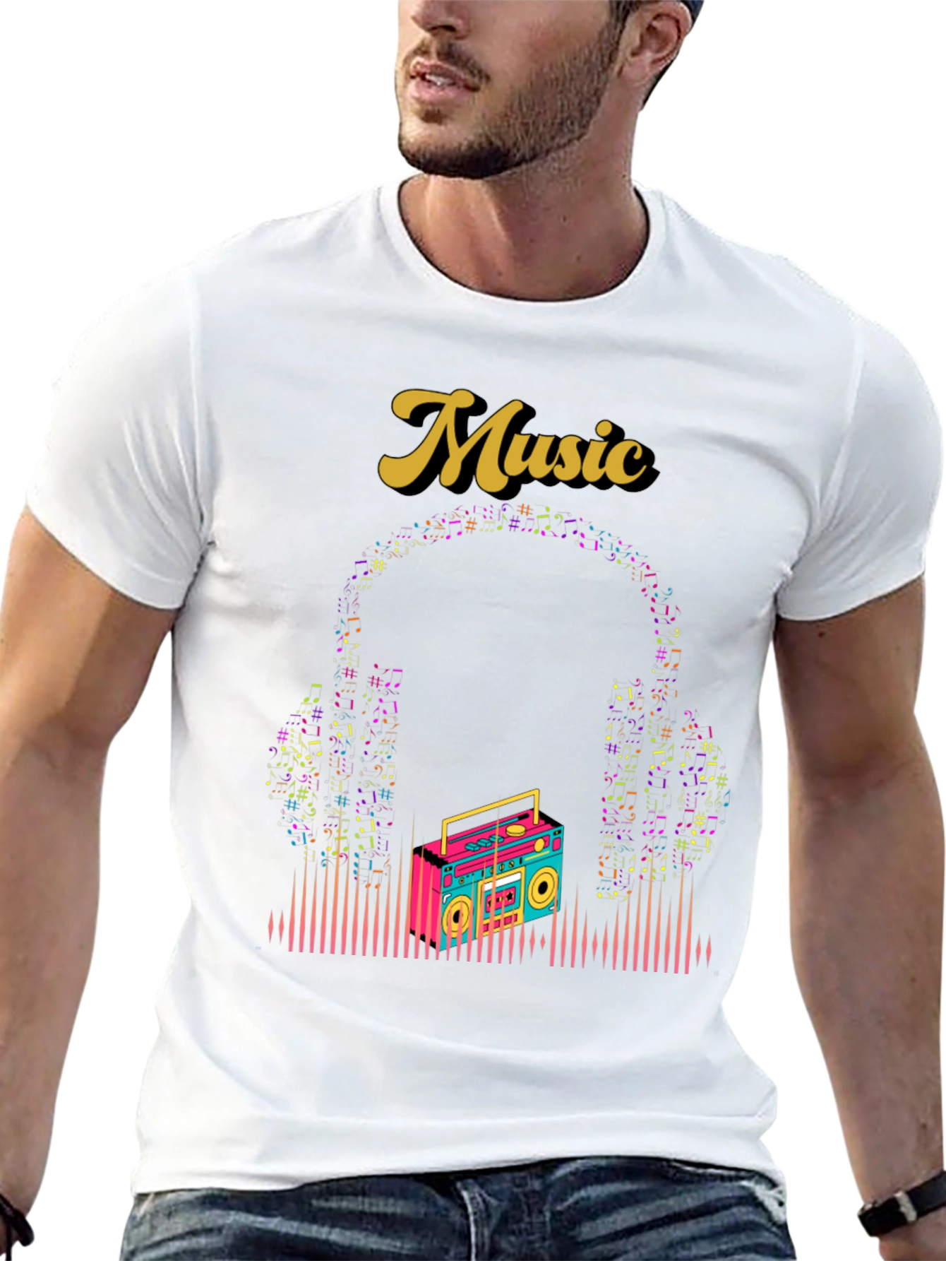 Retro Music Graphic Tee - Boombox and Headphones