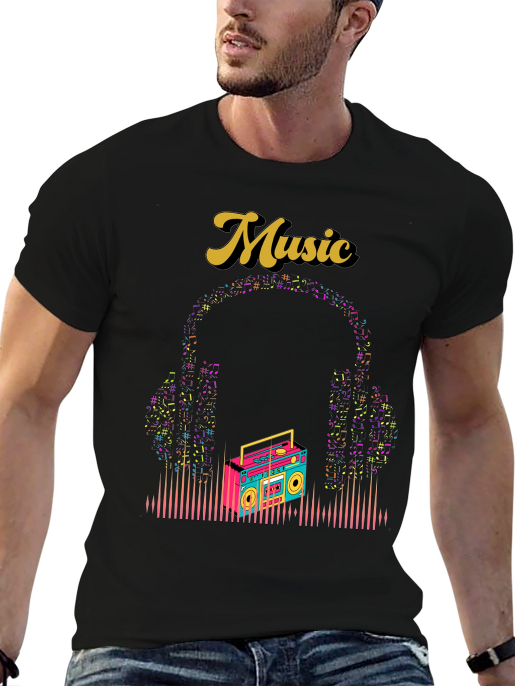 Retro Music Graphic Tee - Boombox and Headphones