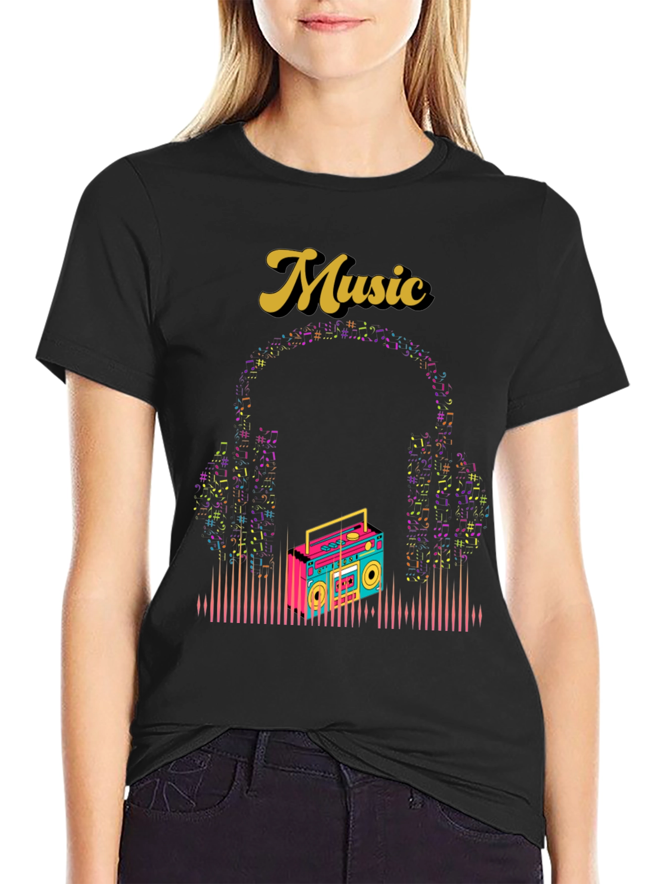 Retro Music Graphic Tee - Boombox and Headphones