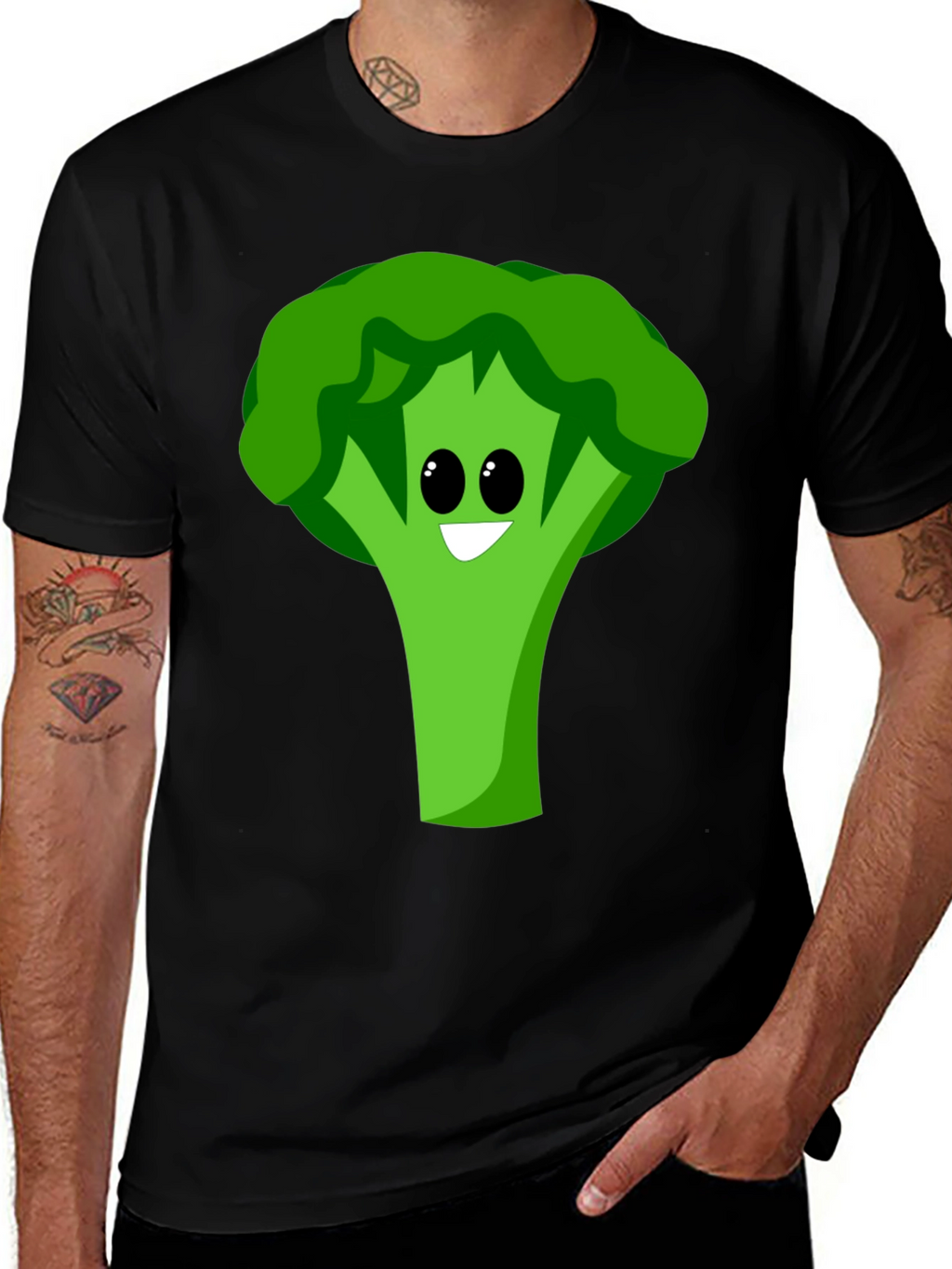 Cartoon Broccoli Graphic Tee - Black Cotton Blend