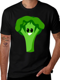 Cartoon Broccoli Graphic Tee - Black Cotton Blend