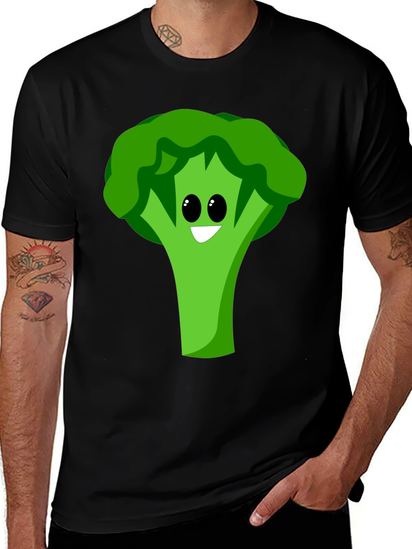 Cartoon Broccoli Graphic Tee - Black Cotton Blend