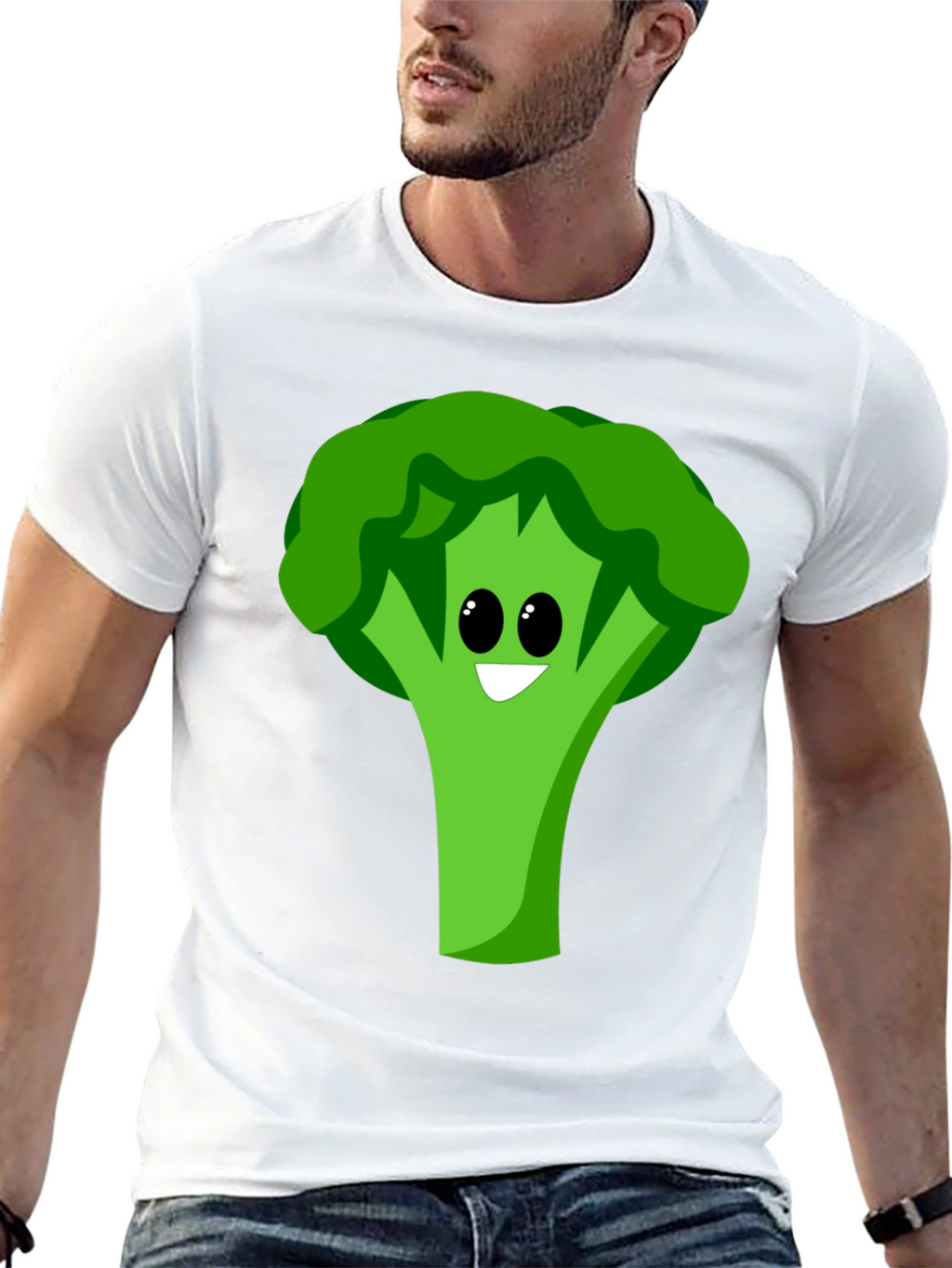 Cartoon Broccoli Graphic Tee - Black Cotton Blend