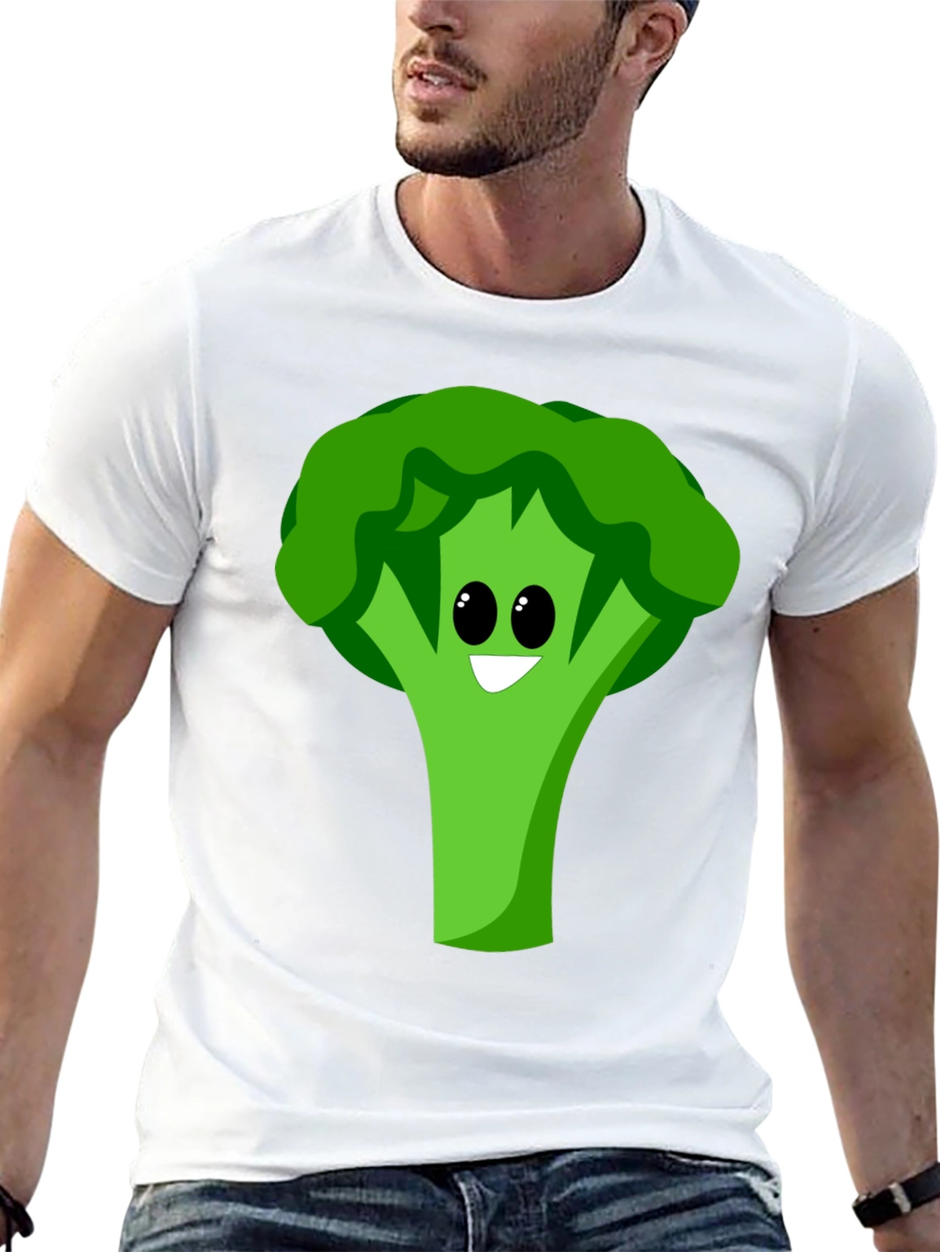 Cartoon Broccoli Graphic Tee - Black Cotton Blend