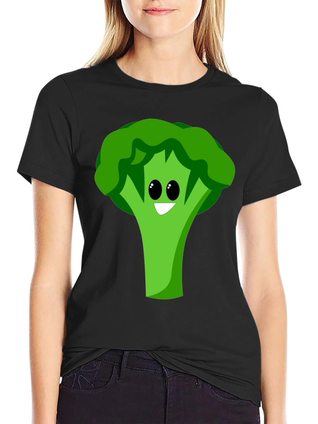 Cartoon Broccoli Graphic Tee - Black Cotton Blend
