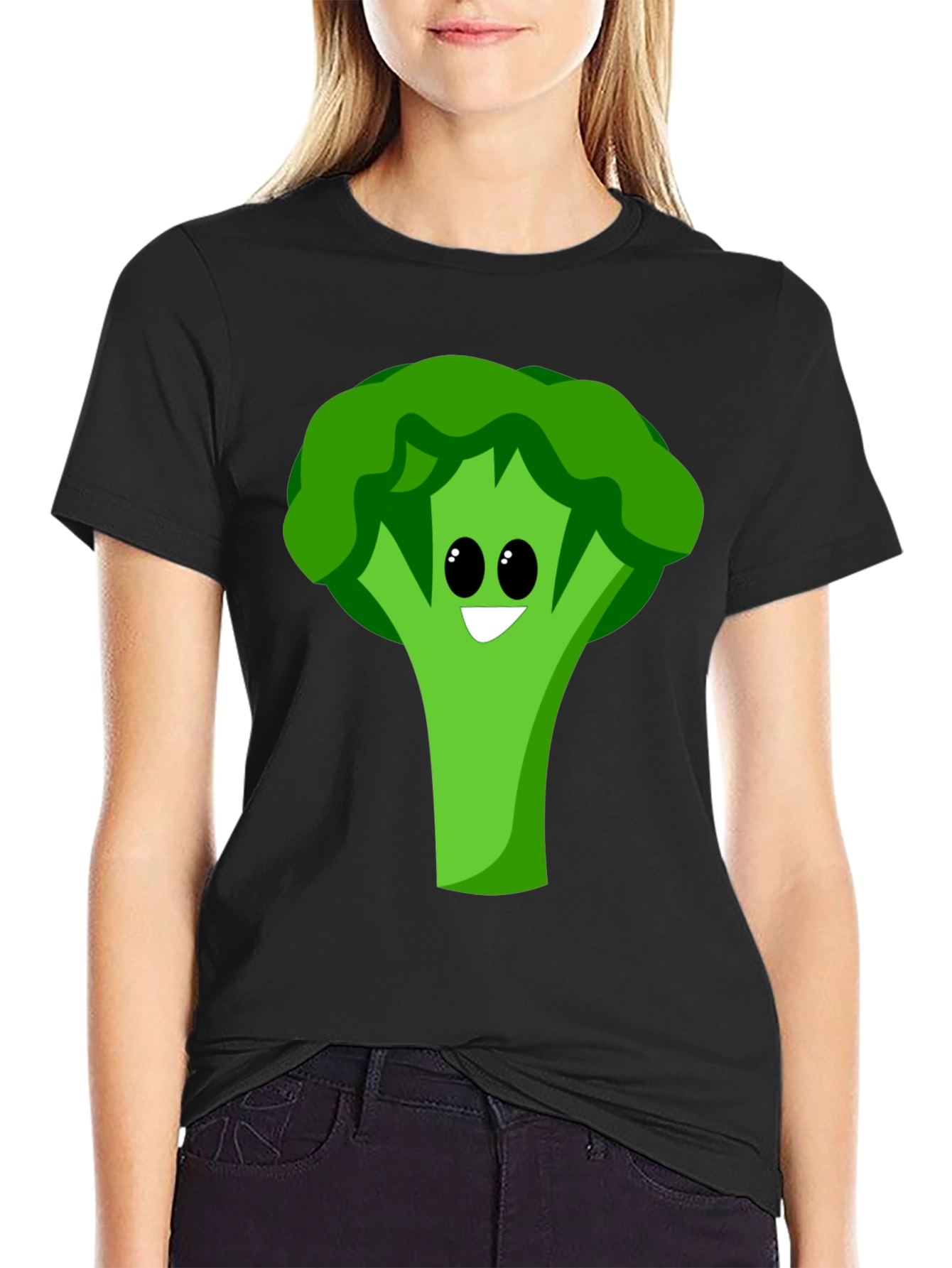 Cartoon Broccoli Graphic Tee - Black Cotton Blend