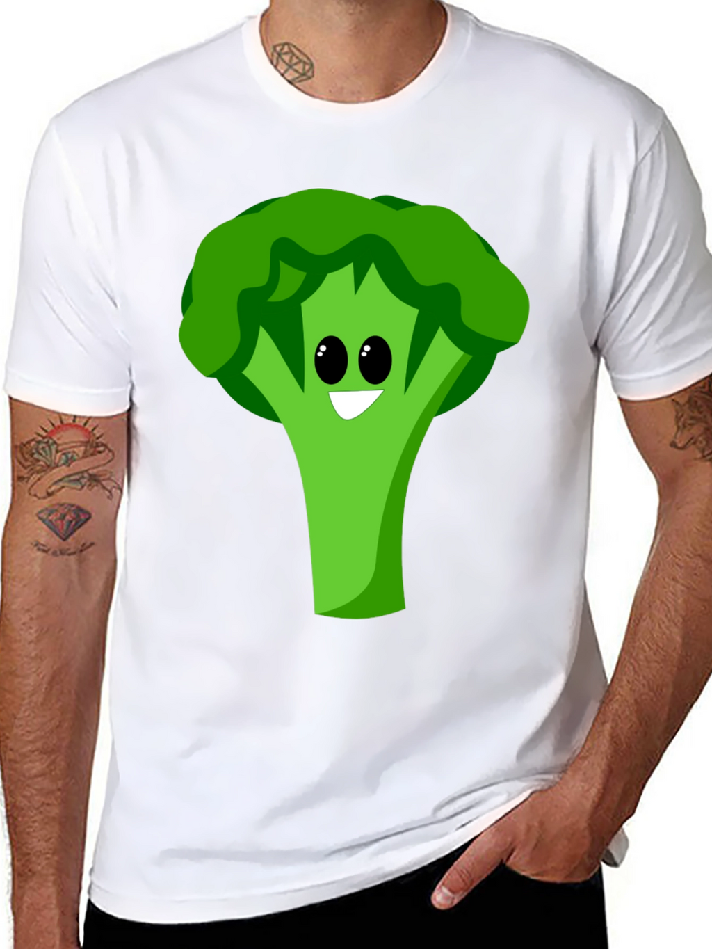 Cartoon Broccoli Graphic Tee - Black Cotton Blend