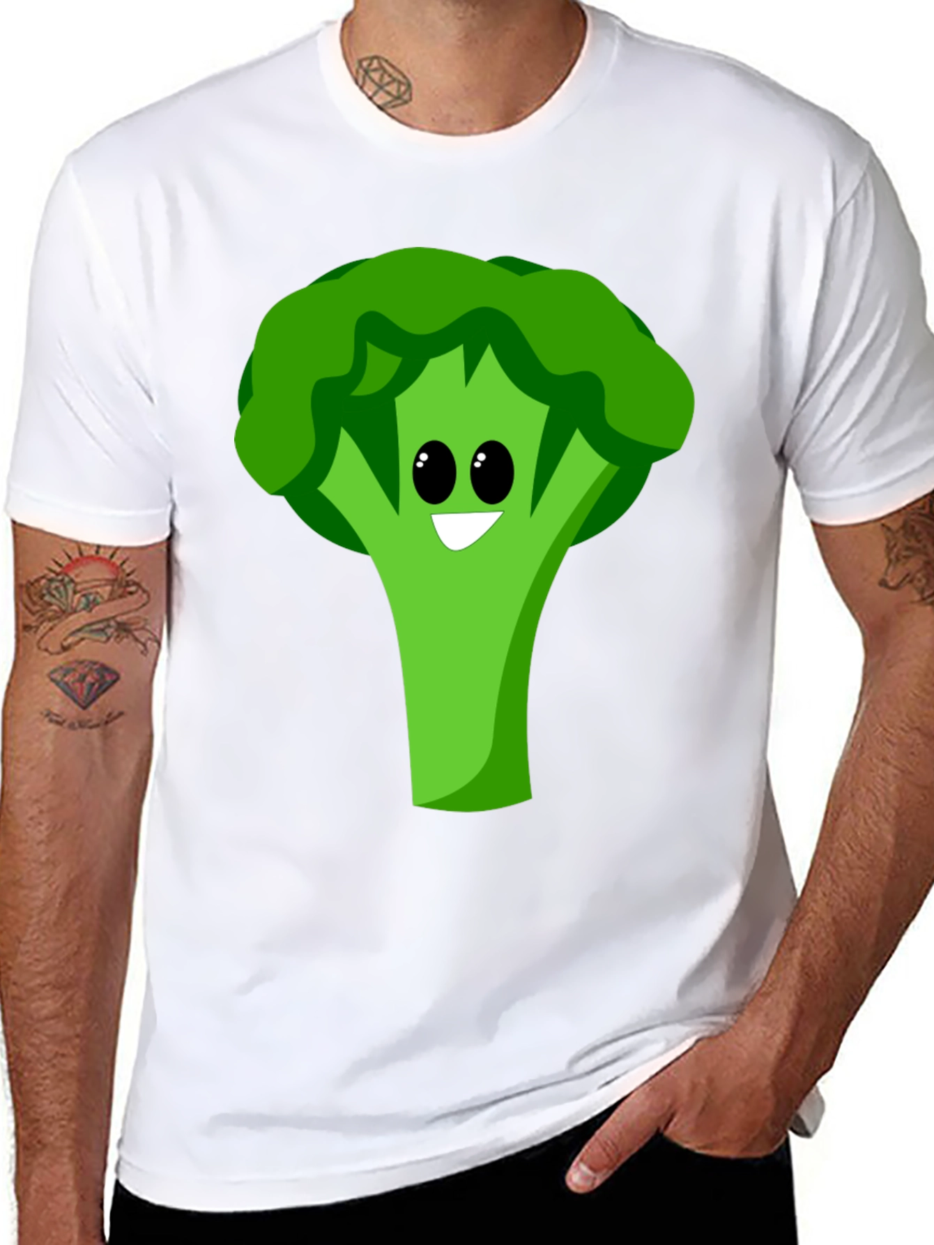 Cartoon Broccoli Graphic Tee - Black Cotton Blend