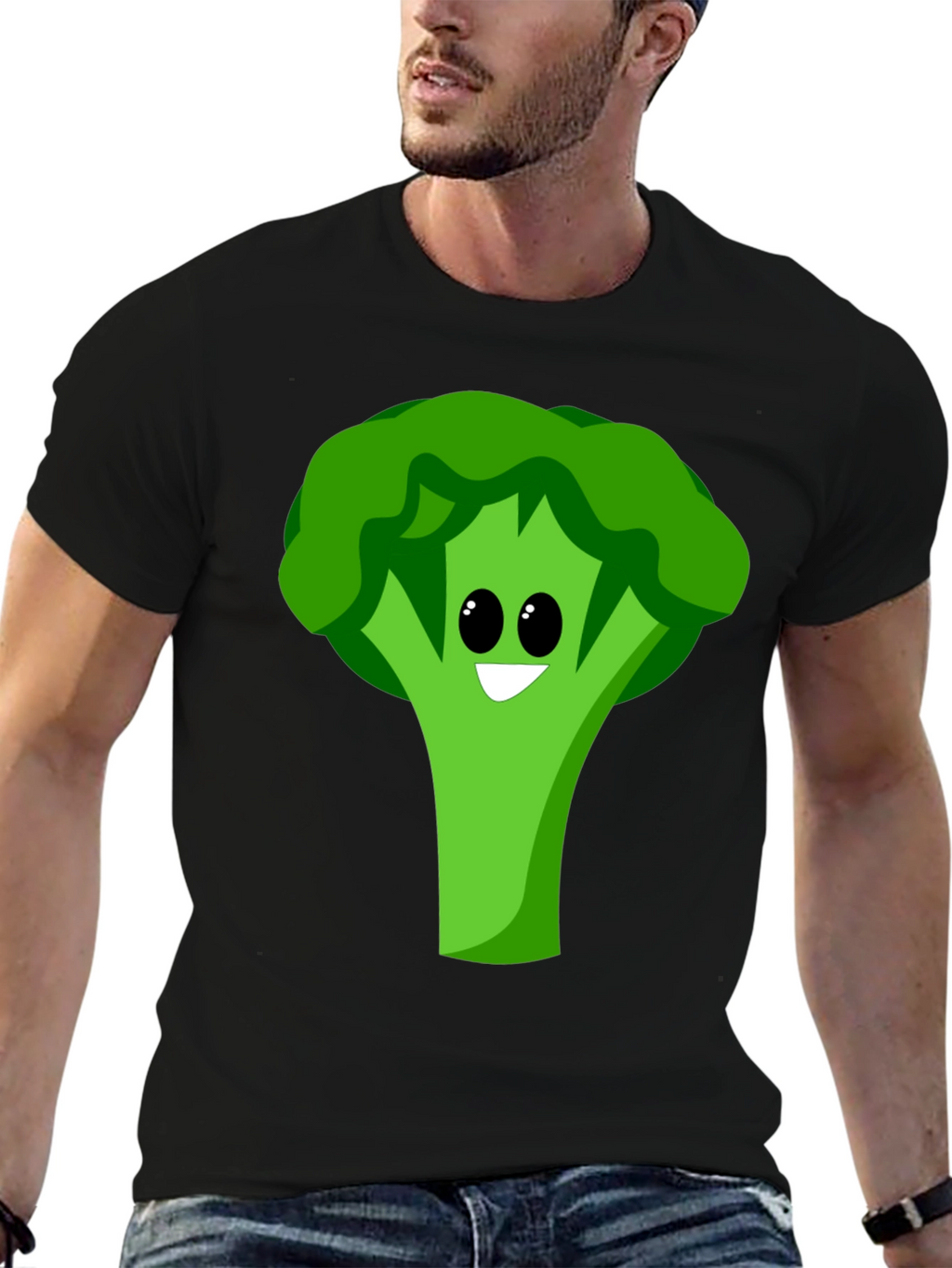 Cartoon Broccoli Graphic Tee - Black Cotton Blend