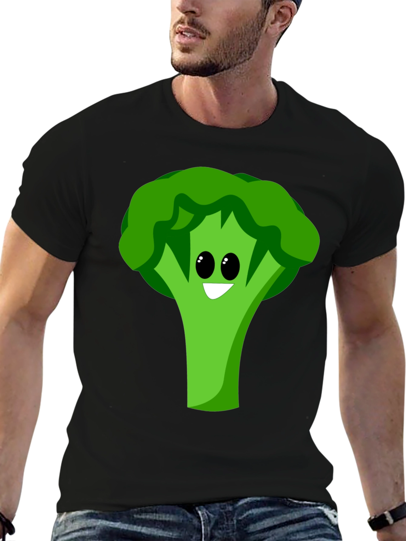 Cartoon Broccoli Graphic Tee - Black Cotton Blend